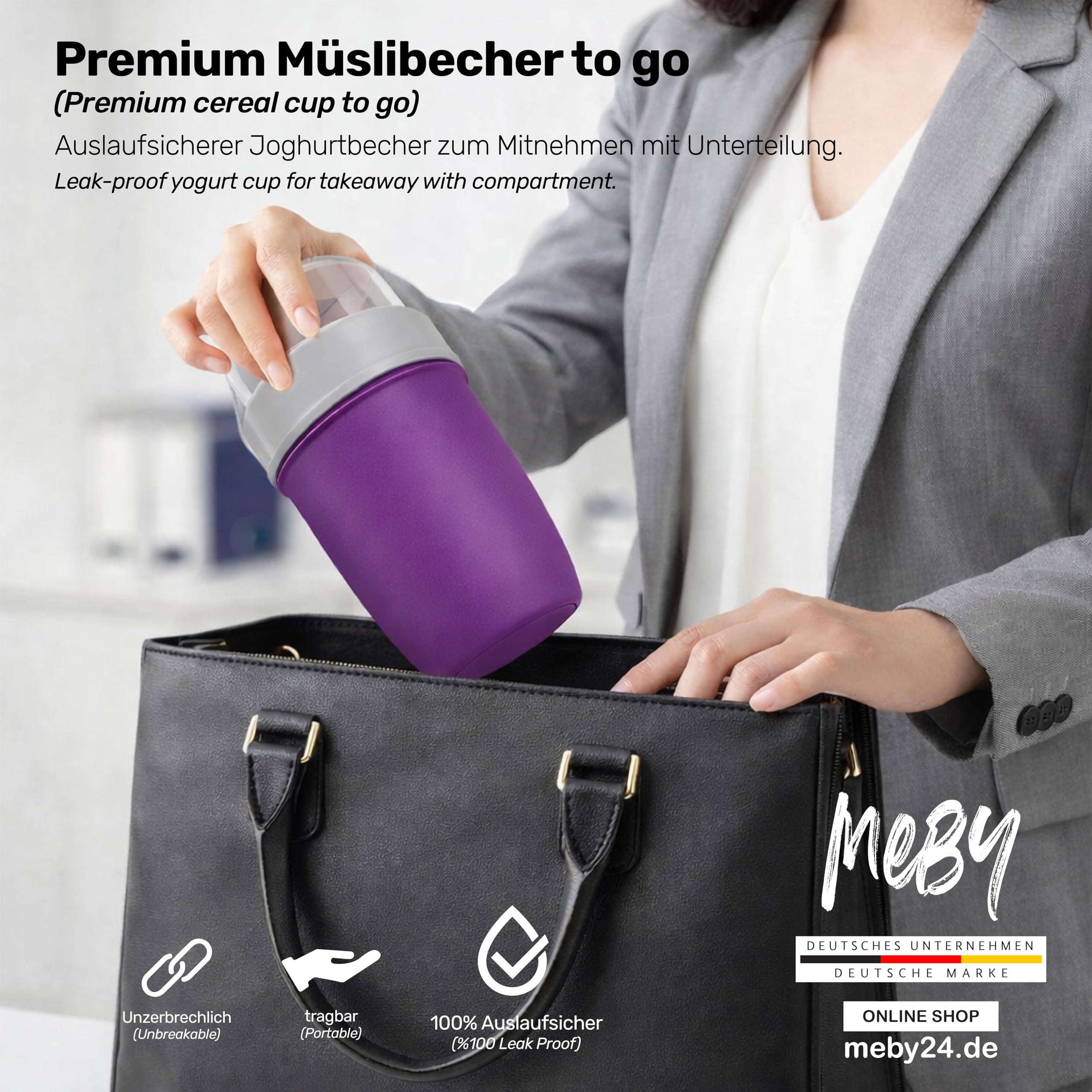MEBY Kubek na musli na wynos – szczelny kubek na jogurt i przekąski z przegródką, nie zawiera BPA, nadaje się do kuchenki mikrofalowej, zamrażarki i mycia w zmywarce, wyprodukowano w Niemczech, 500 ml