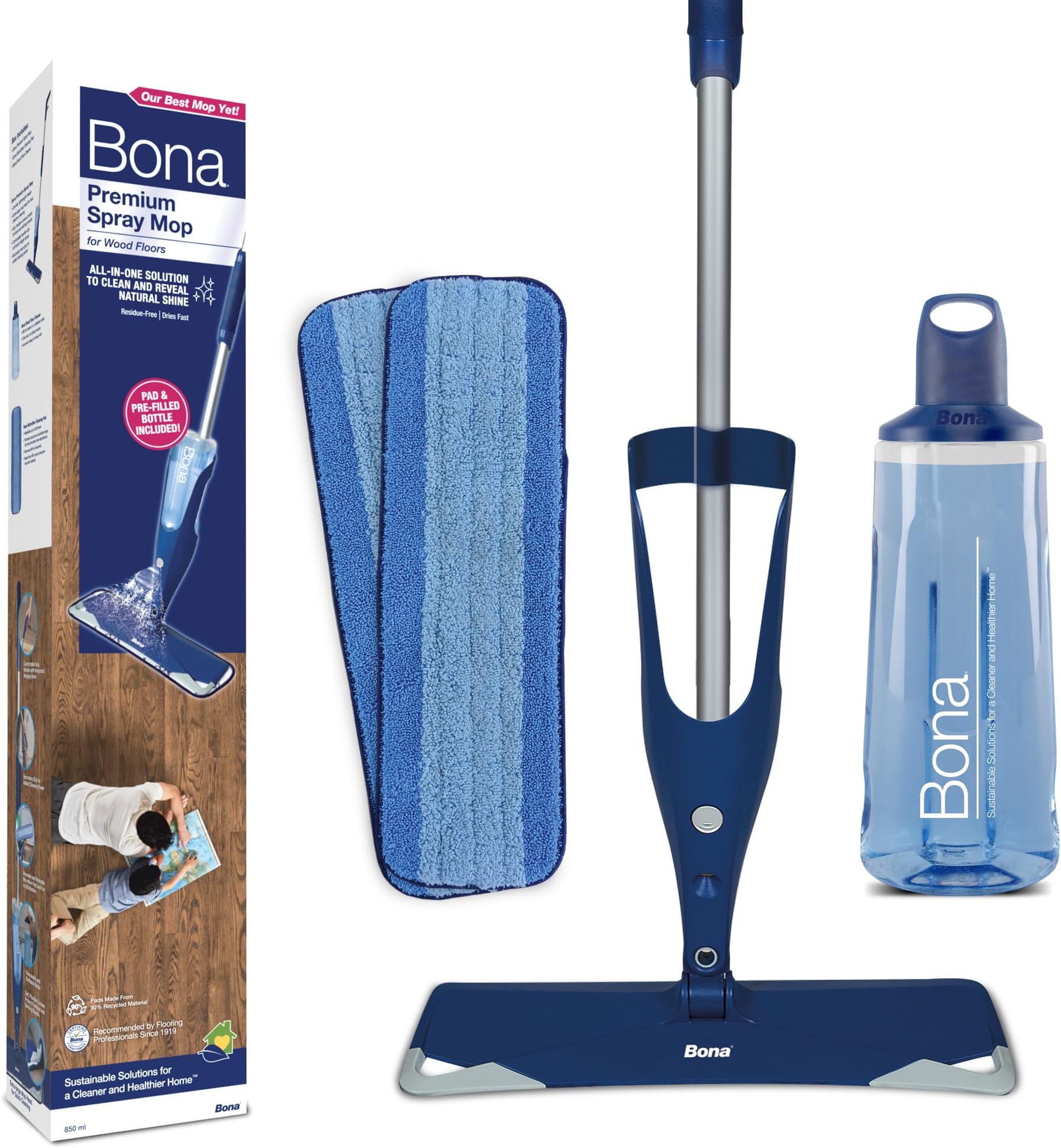 Bona Premium Spray Mop for Wood Floors - Includes Floor Cleaner Liquid Cartridge 850ml & 2 Microfibre Pads, Blue