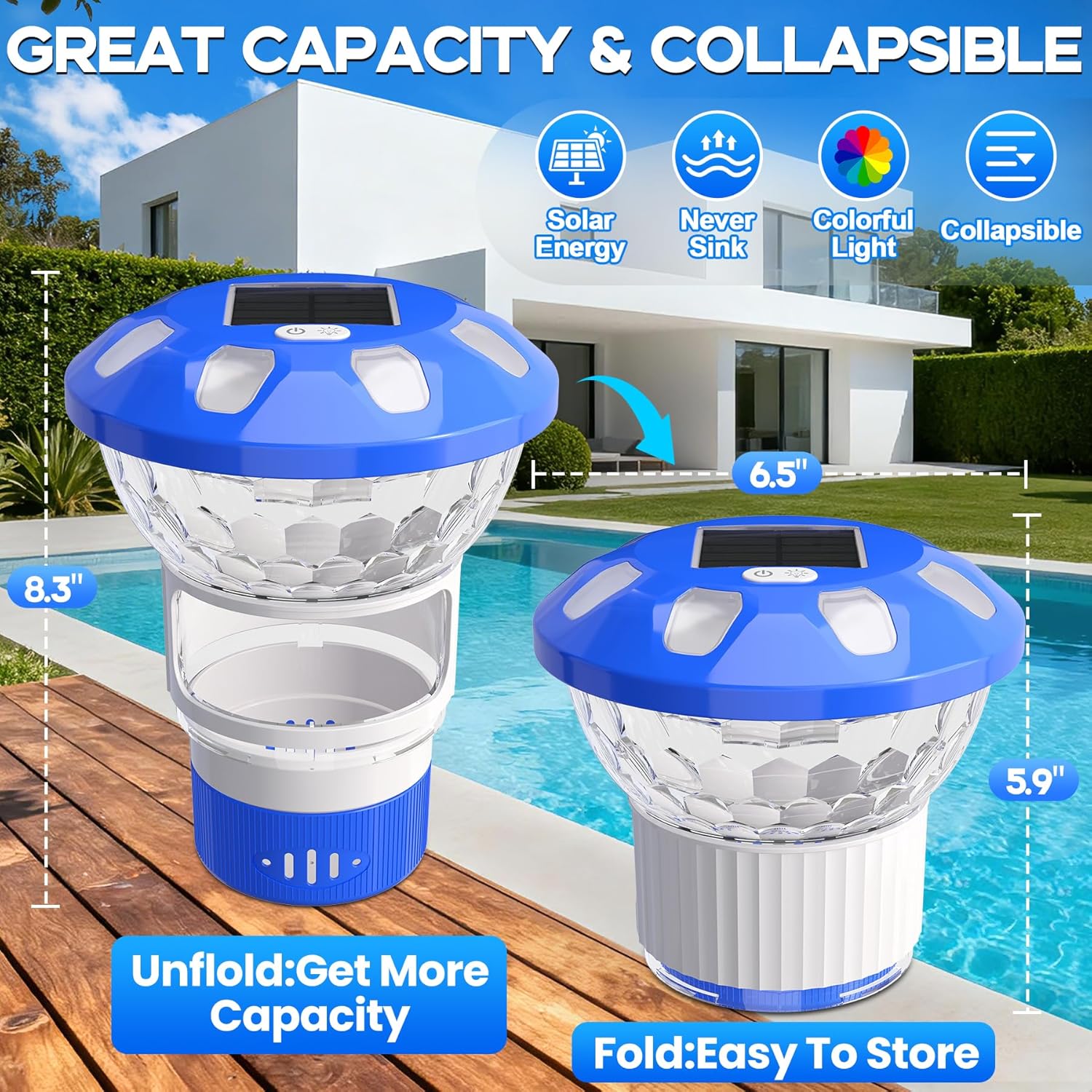 ChlorBlu2026 Upgrade Solar Chlorine Floater,Chlorine Floater w/Colorful Light,Button Control Floater Chlorine Dispenser for Pool,Adjustable Pool Chlorine Floater,Large Chlorine Pool Floater,DarkBlue