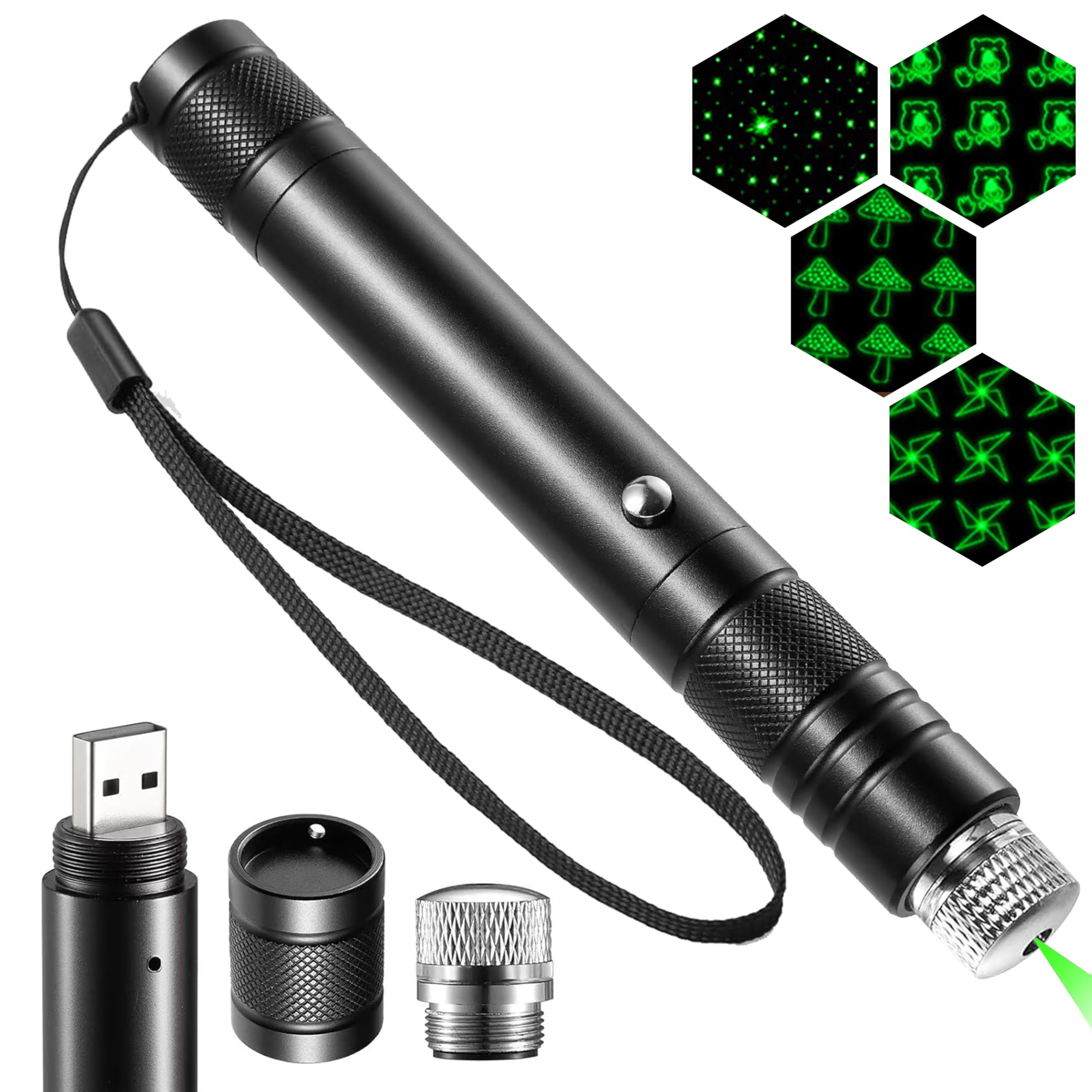 Torcia a LED con luce verde – potente puntatore verde con cappuccio a 2 stelle intercambiabile, indicatore ricaricabile USB, penna da presentazione per astronomia, edilizia, attività
