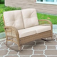 Vista 8 de MEETWARM Juego de 3 piezas de mimbre giratorio para patio al aire libre, mecedoras, juegos de muebles de patio de ratán con cojín grueso y mesa