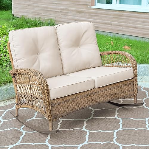 Miniatura 8 de MEETWARM Juego de 3 piezas de mimbre giratorio para patio al aire libre, mecedoras, juegos de muebles de patio de ratán con cojín grueso y mesa