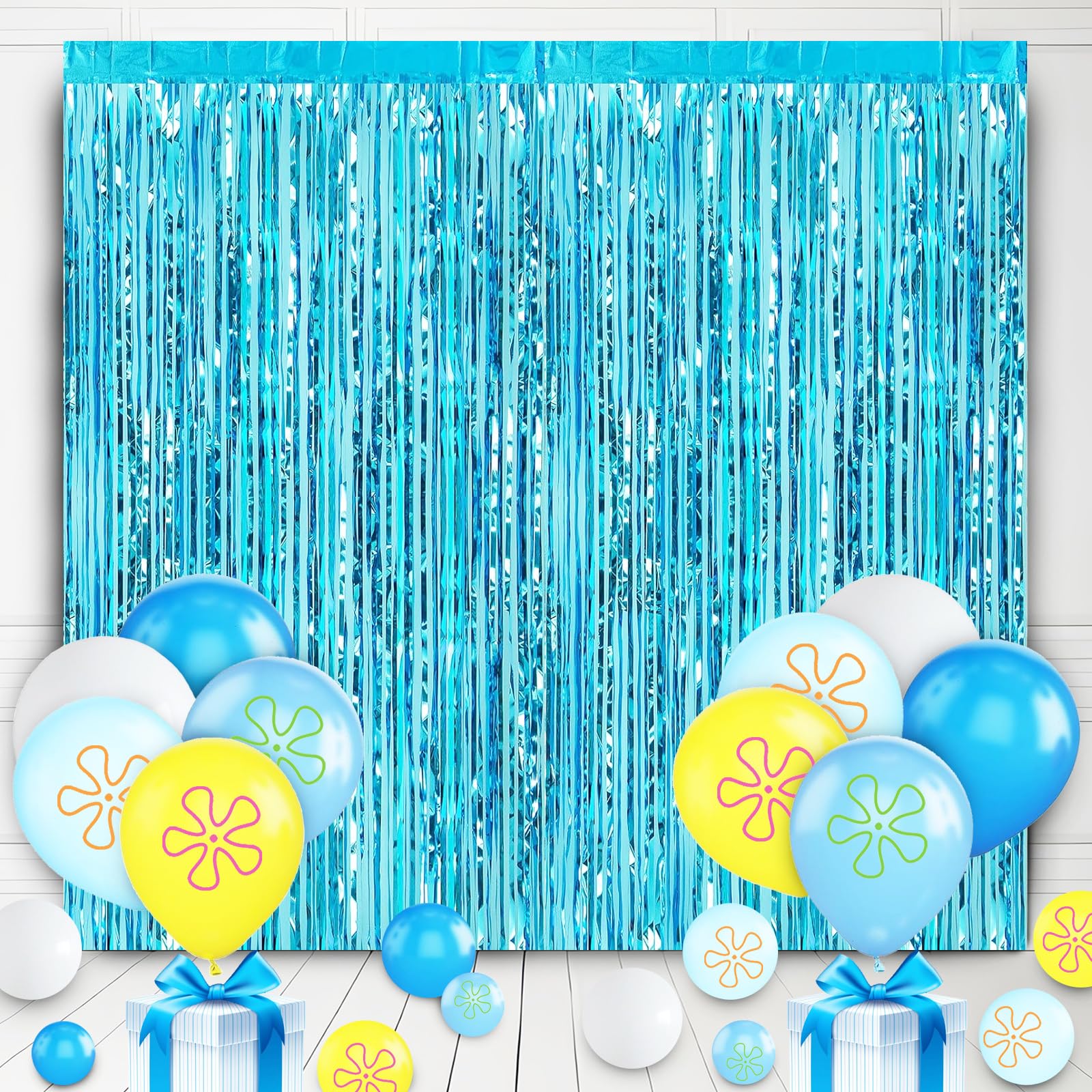 22Pcs Cartoon Baby Birthday Decorations, Aquamarine 3.3x8.2ft Tinsel Foil Fringe Curtains Banner and Cute Flowers Bubbles Balloons for Cute Theme