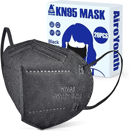 AiroYouth Máscara KN95, mascarilla KN95 transpirable con 5 capas de filtración al 95%, cintas elásticas para las orejas y clip para la nariz