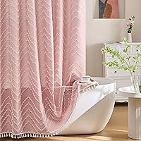 Vista 1 de Cortina de ducha bohemia rosa de tela tejida con borlas blancas, bonita cortina de ducha moderna de granja con textura tufted de chevrón a rayas