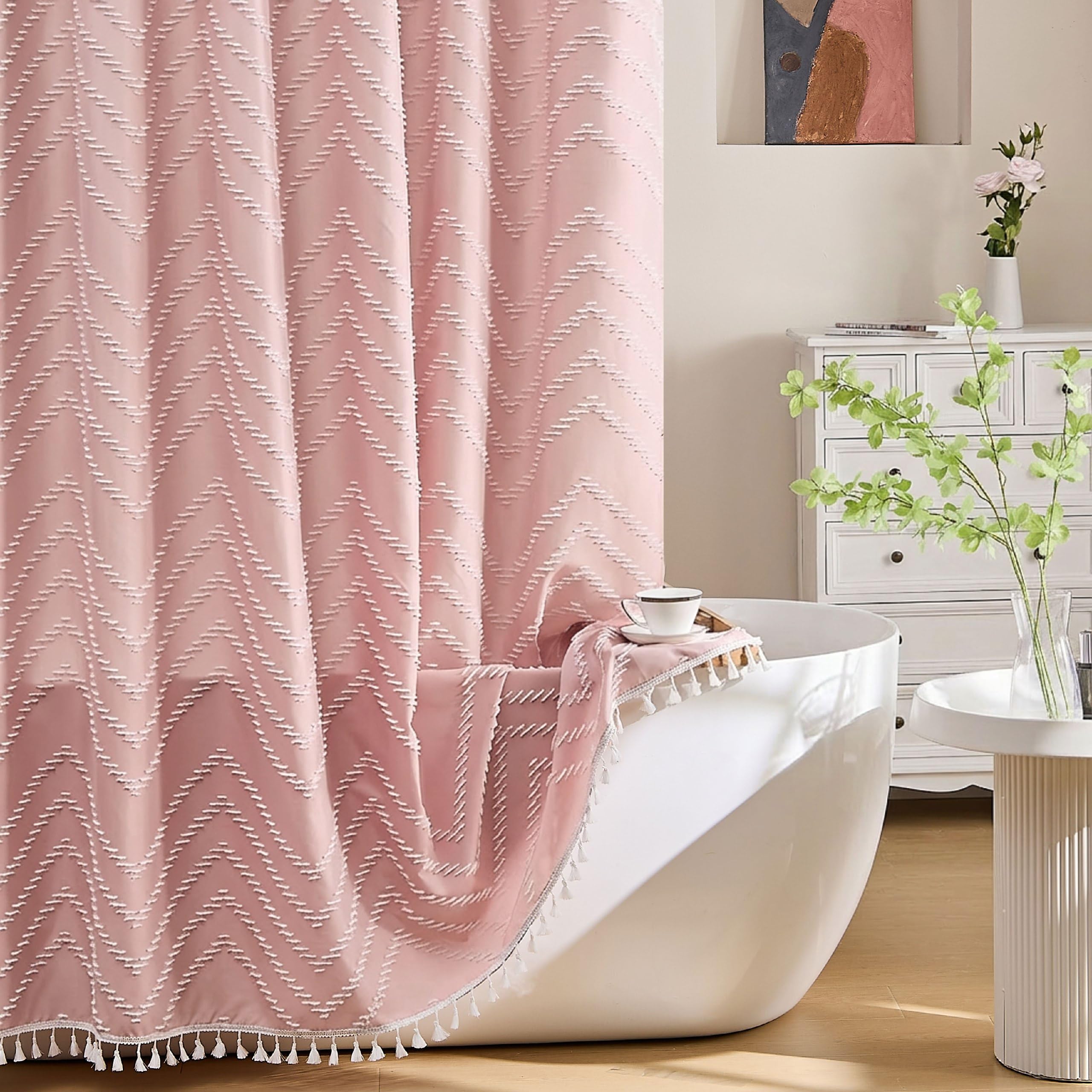Pink Boho Shower Curtain White Tassel Woven Fabric Cute Shower Curtain Modern Farmhouse Textured Tufted Chevron Striped Minimalist 72 x 72 Bathroom Shower Curtain