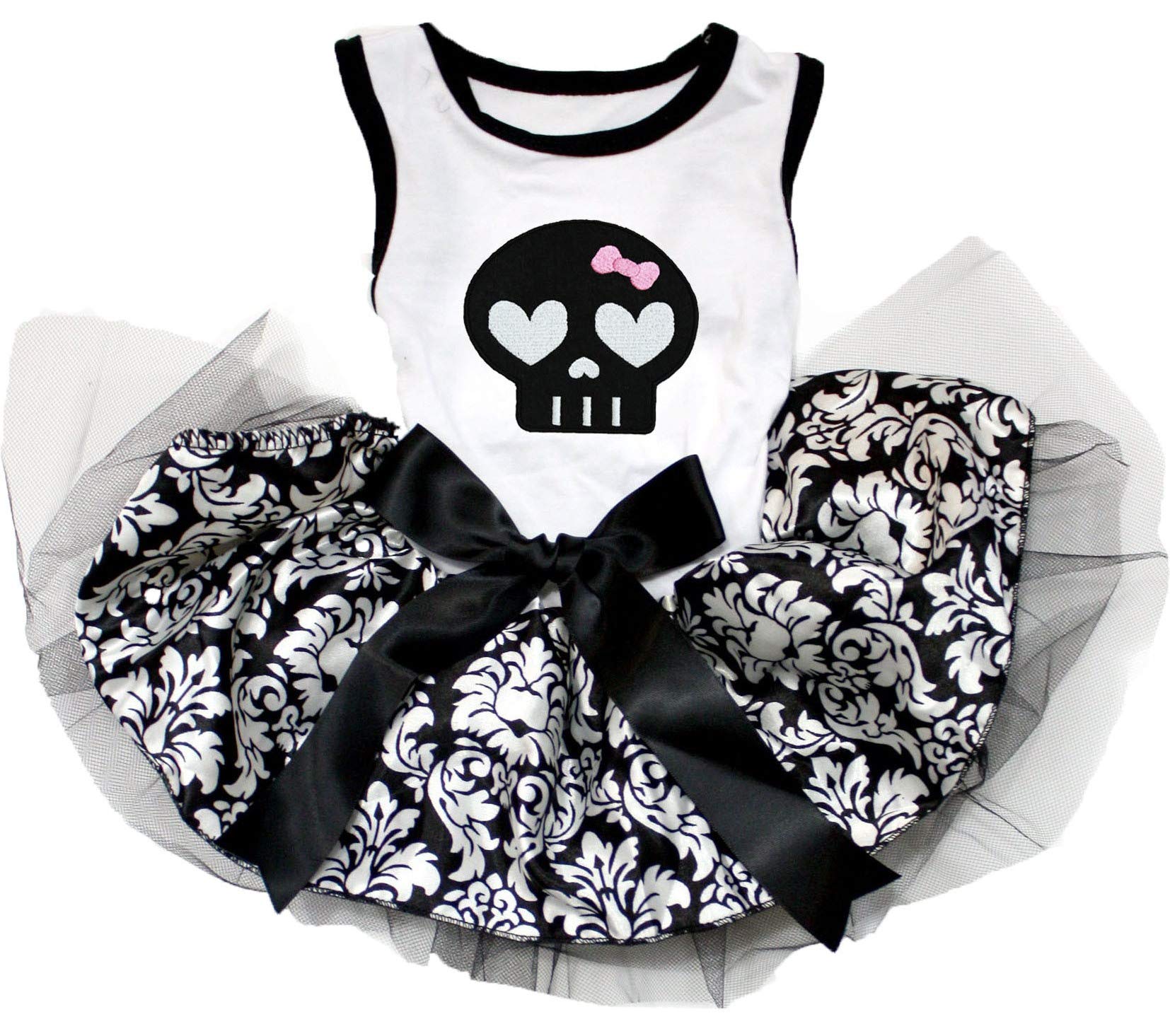 Petitebella Black Skull Face Puppy Dog Dress (White/Damask, X-Small)
