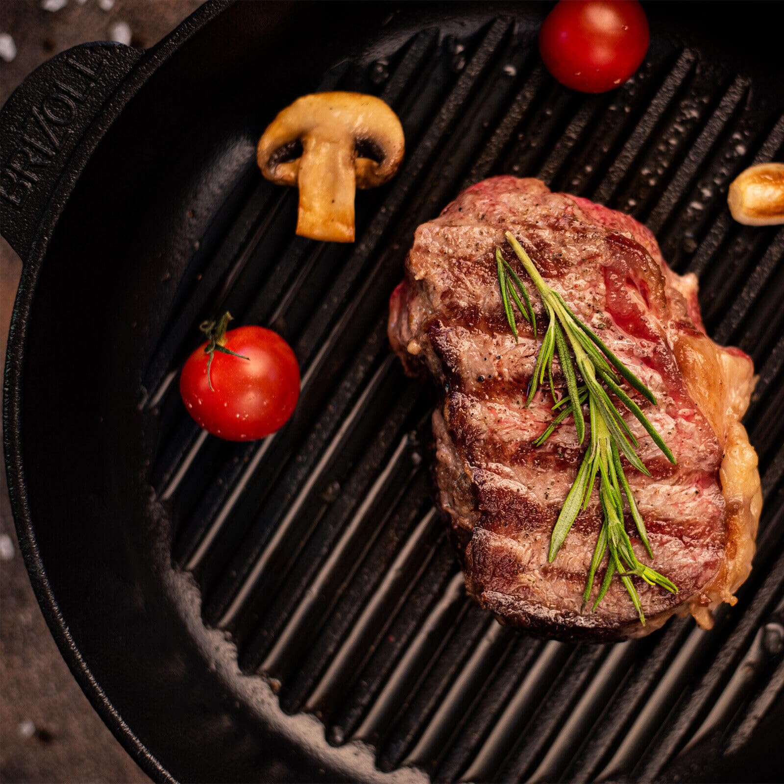 Ø28cm Grillpfanne Gusseisen mit Pressdeckel Glasdeckel Pfannenwender Induktion Holzgriff Bratpfanne Pfanne Feuerpfanne