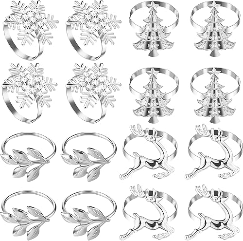 Geiserailie 16 servilleteros de Navidad plateados con copos de nieve, servilleteros de decoración de ciervos de Navidad, árbol de Navidad y hojas,