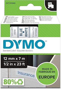 Dymo D1 Standard Labelling Tape 12mm x 7m - Blue on White