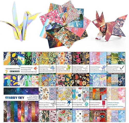 Vista 11 de Kit de papel de origami, 100 hojas de 2.47 oz/m², 6 pulgadas, cuadrados, de doble cara, 100 colores sólidos vívidos para manualidades a mano, papel