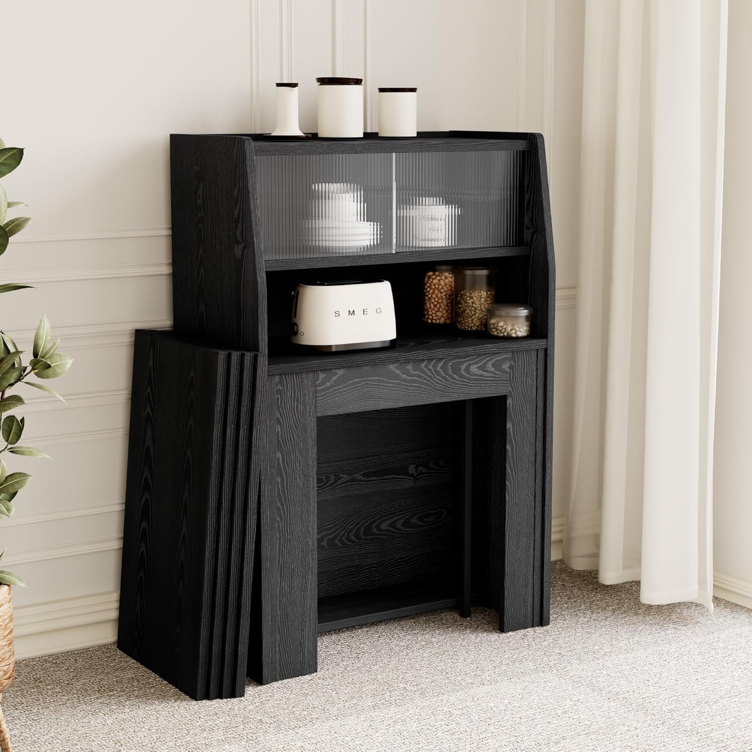 86.6" Extendable Dining Table Seats 4-6, Foldable Kitchen Table with Storage Cabinet for Small Spaces, Multifunctional Console Table with Built-in Shelf, Modern Black Finish (Black Table Only)