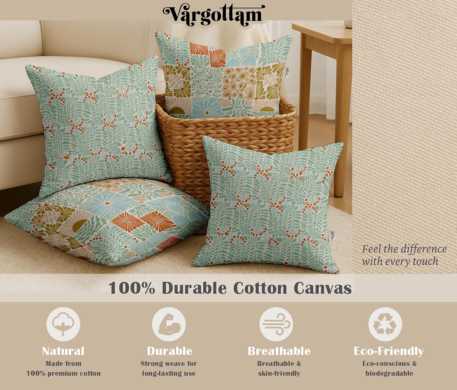 Set of 4 16x16 Inch Pillow Covers - 100% Cotton, Decorative Patchwork Print, Double-Sided Print with Concealed Zipper - Filler Not Included - Green