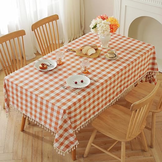 Checkered Tablecloth Rectangle Cotton Linen Fabric Fall Gingham Table Cloth Heavy Duty Buffalo Plaid Table Cover with Tassel Washable for Kitchen Dining Holiday Party, Orange and White, 55X75''