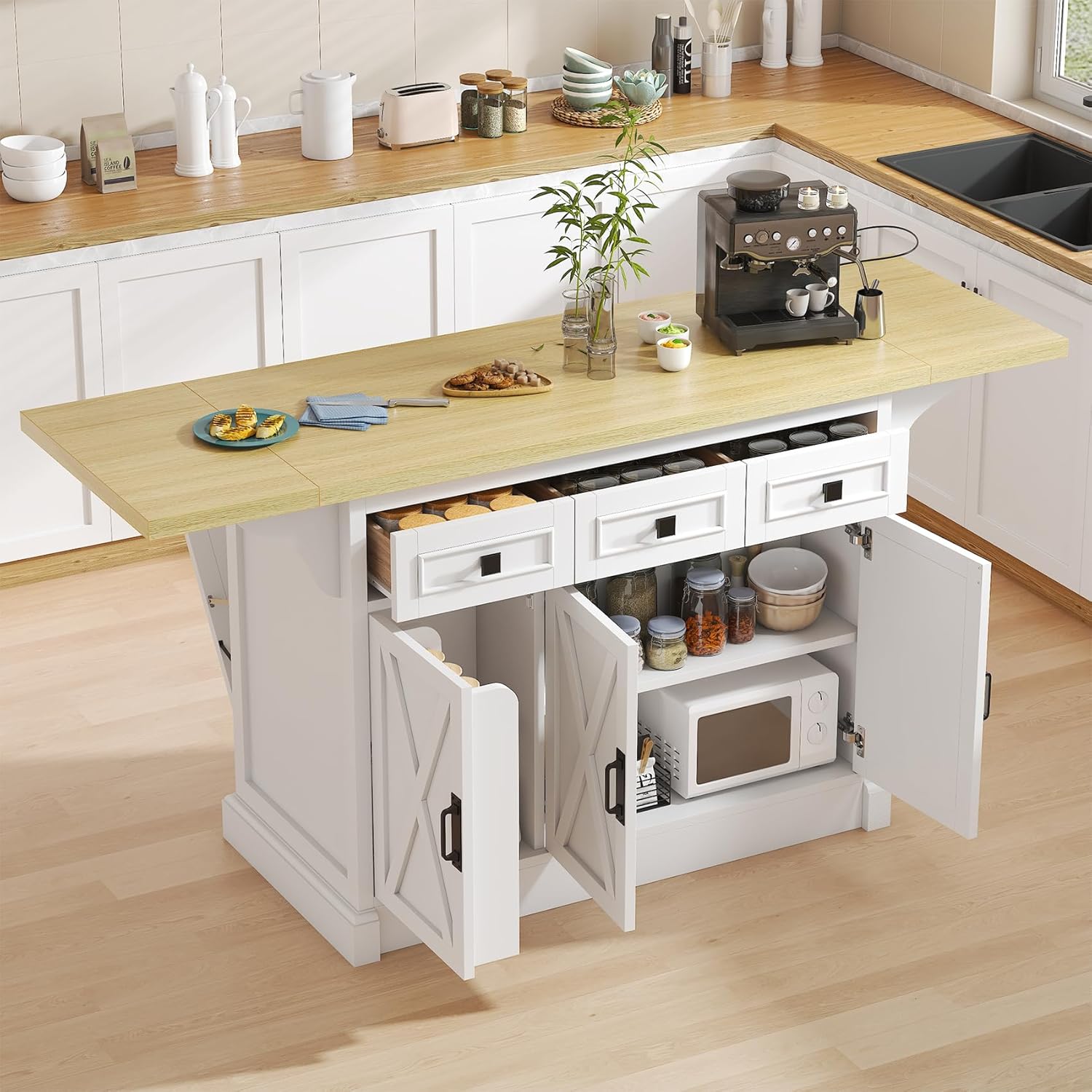 Bigbiglife 71.3" Large Kitchen Island with Drop Leaf, Power Outlet, Kitchen Island Cart w/ 3 Solid Drawers, Island Table with Trash Storage Cabinet & 3 Large Storage Rack, Spice Rack, White