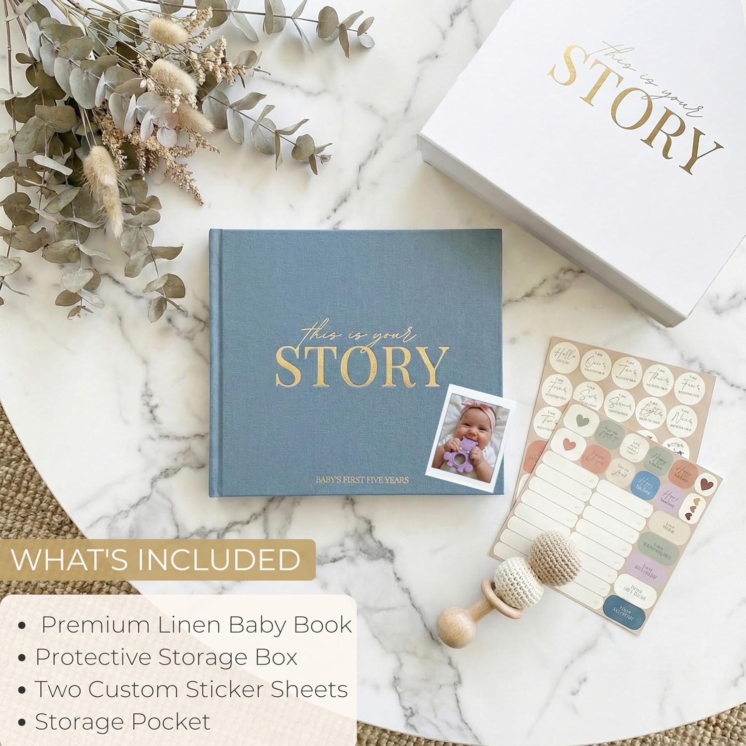 baby memory book & baby keepsake book to record baby's milestones and photos for newborn girl or newborn boy, gender neutral, scrapbook album, first 5 year journal includes stickers & keepsake box dusty blue