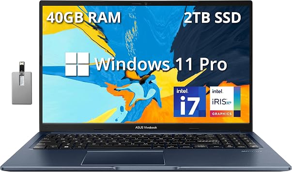 ASUS VivoBook 15.6 Touchscreen FHD Laptop, 12th Gen Intel Core i7-1255U, 40GB RAM, 2TB PCIe SSD, Intel Iris Xe Graphics, Backlit Keyboard, WiFi 6, Windows 11 Pro, Quiet Blue, 32GB Hotface USB Card