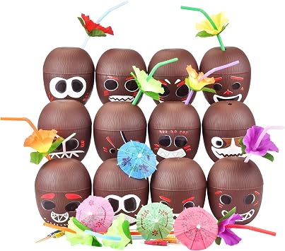 12 Pack Coconut Cups with Straws and Stickers, 16 Oz Luau Party Set
