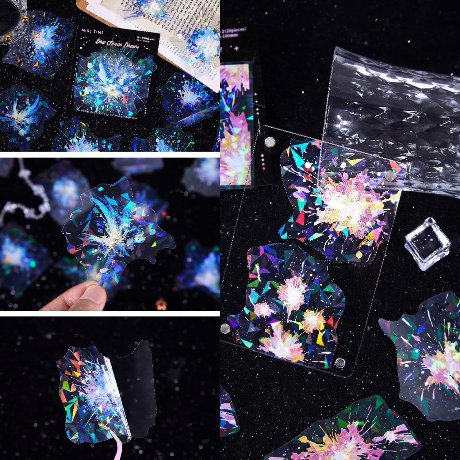 120 Pcs Holographic Splatter PET Stickers, 6 Packs Shimmering Laser Firework Decals for Junk Journaling, Aesthetic Kaleidoscope Spark Stickers for Scrapbooking, Resin Art & DIY Crafts