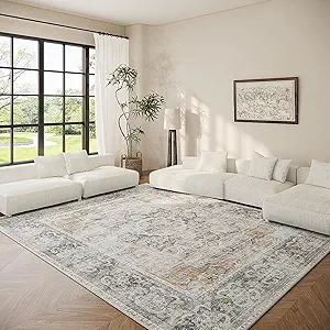 Washable Living Room Area Rugs: 6'x9' Large Rug Stain Resistant Distressed Vintage Boho Rug Non Slip Low Pile Faux Wool Soft Rug for Bedroom Bedside Kitchen Dining Room Nursery Kids Playroom Farmhouse