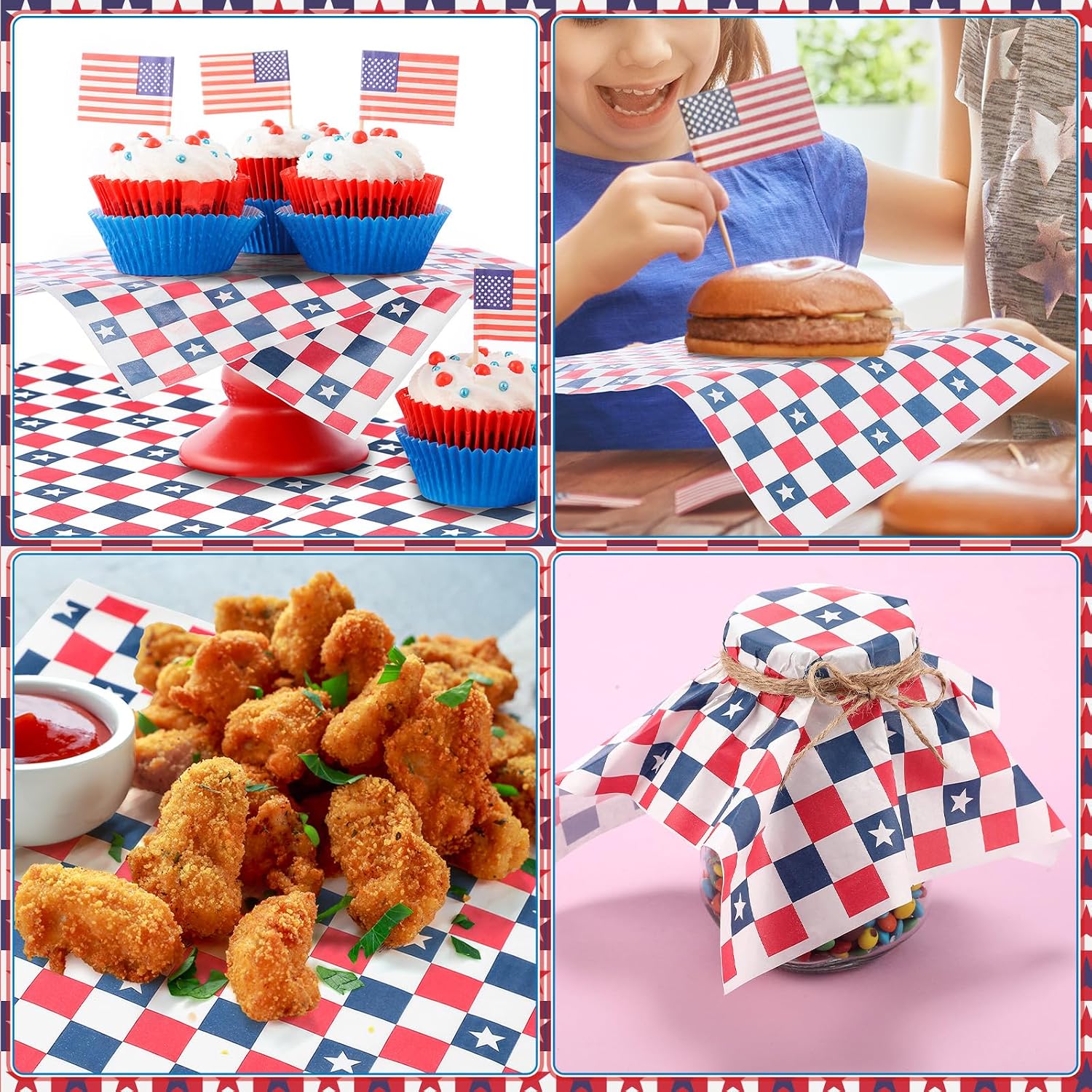 Teling 150 Pcs Patriotic Wax Paper Sheets Food Basket Liners Red White and Blue Baking Paper Sheets 4th of July Deli Sandwich Wax Wrappers for Independence Day Kitchen Party Supplies(Checkered) image 4