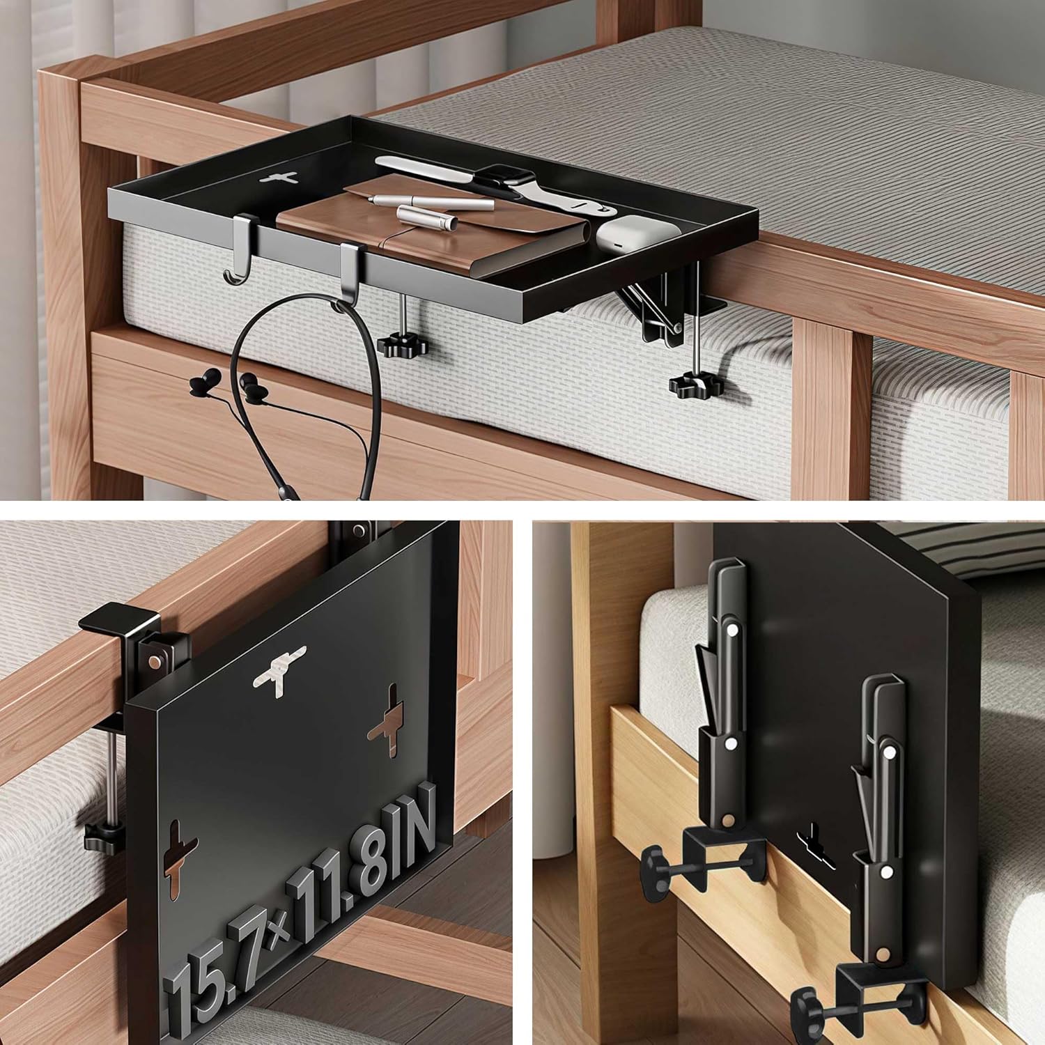 Foldable Bedside Shelf, Extra Large Floating Tray Table for Dorm Room & Bunk Bed, Side Table with 3 Cord Holes,College Dorm Room Essentials for Max 15.6" Laptops (15.7" x 11.8", Black)