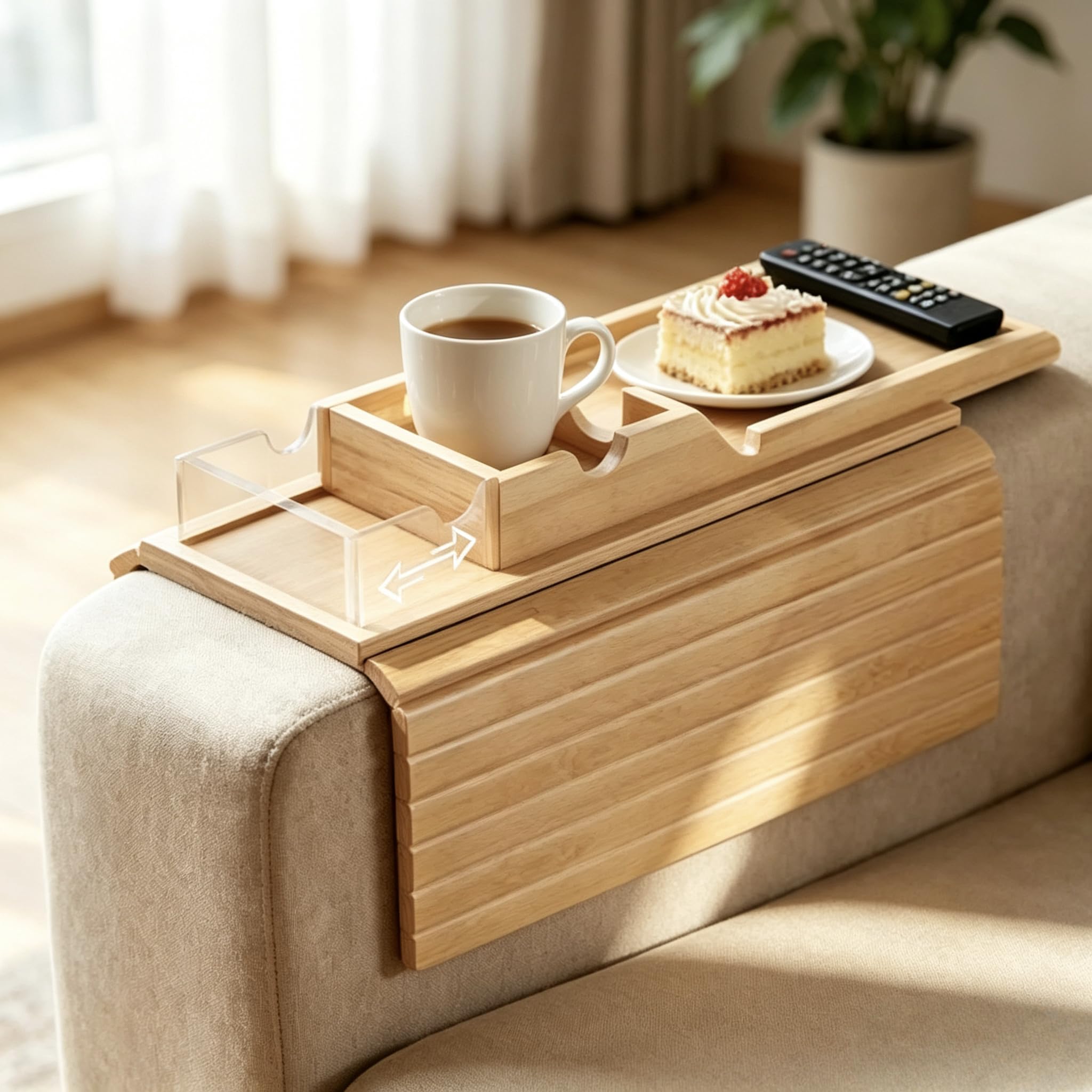 Sofa Arm Tray Natural Wooden, 2-in-1 Foldable Arm Chair Table with Detachable Tray, Anti-Slip Sofa Armrest Organizer for Recliners, Sectionals, Couch Side Table for Snacks, Drinks, Phone, Control