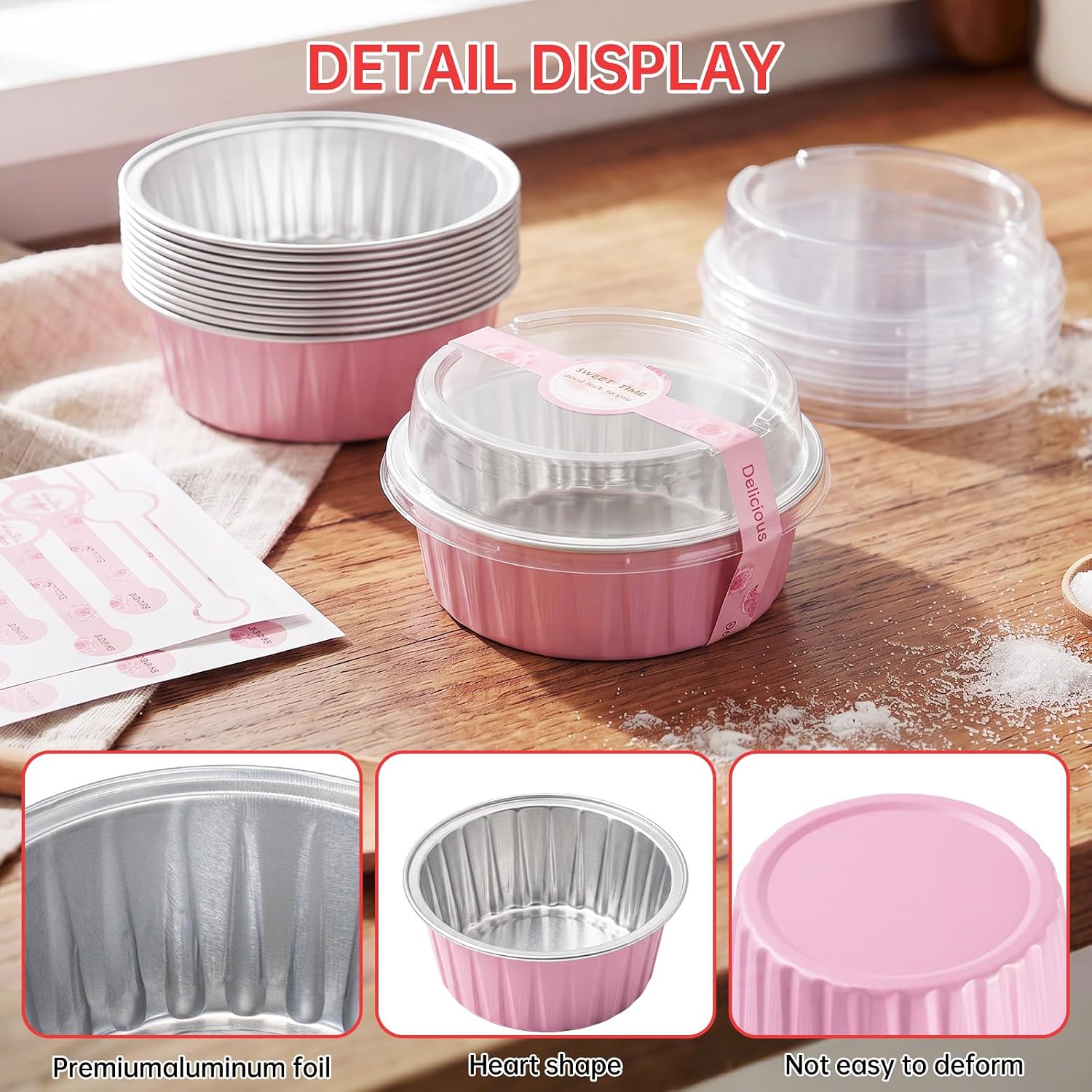Mini Cake Pans with Lids, Aluminum Foil Cupcake Baking Cups - 5oz 60 Pack