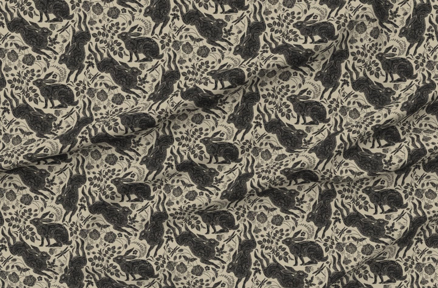 Spoonflower Fabric - Woodland Rabbit Bunny Tan Neutral Folk Art Style Botanical Woodblock Printed on Petal Cotton Fabric Fat Quarter - Sewing Quilting Apparel Crafts Decor