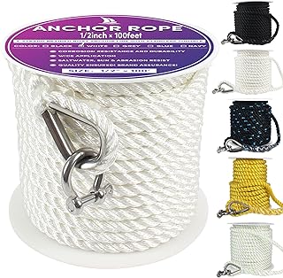 Boat Anchor Rope 100 ft x 1/2 inch White, 3 Strand Anchor Line Marine Rope with Stainless Steel Thimble & Shackle Ideal for Towing,Docking,Boats,Mooring,Anchoring,for Boats Up to 35'