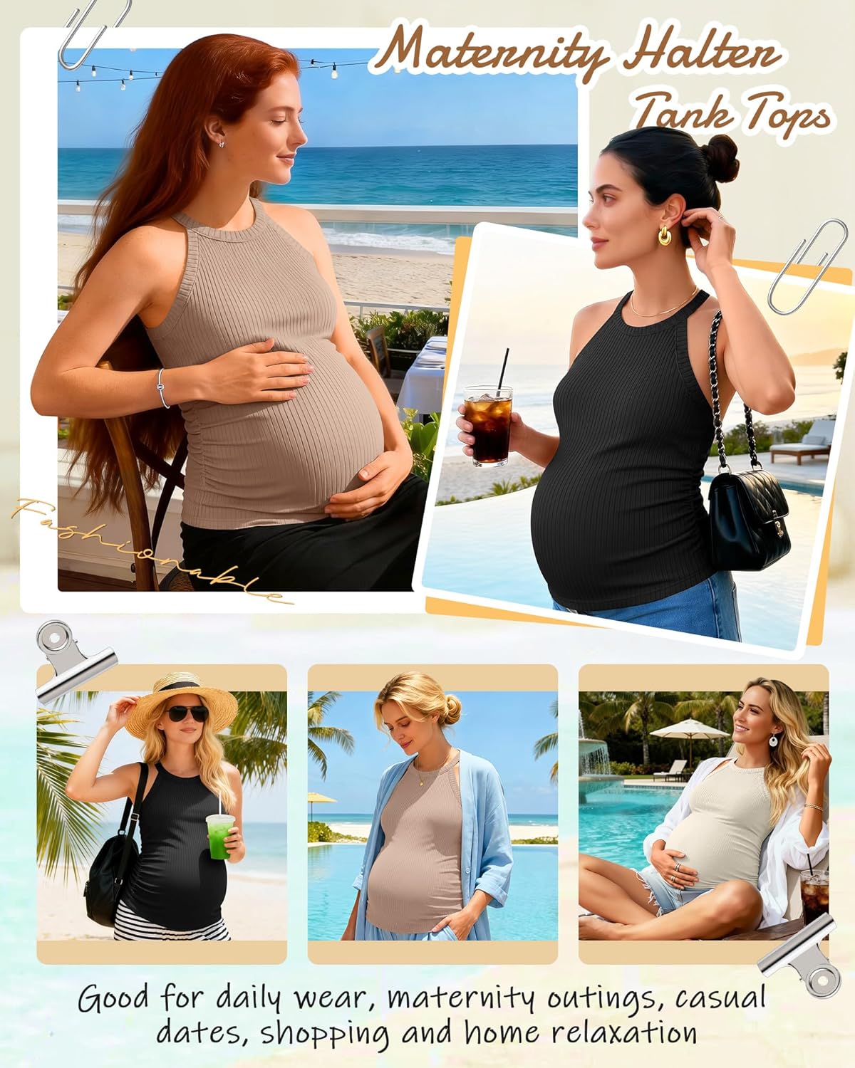 3 Pack Women's Cotton Maternity Halter Tank Tops Tees Ribbed Sleeveless Side Ruched Soft Basic Pregnancy Shirts - Image 2