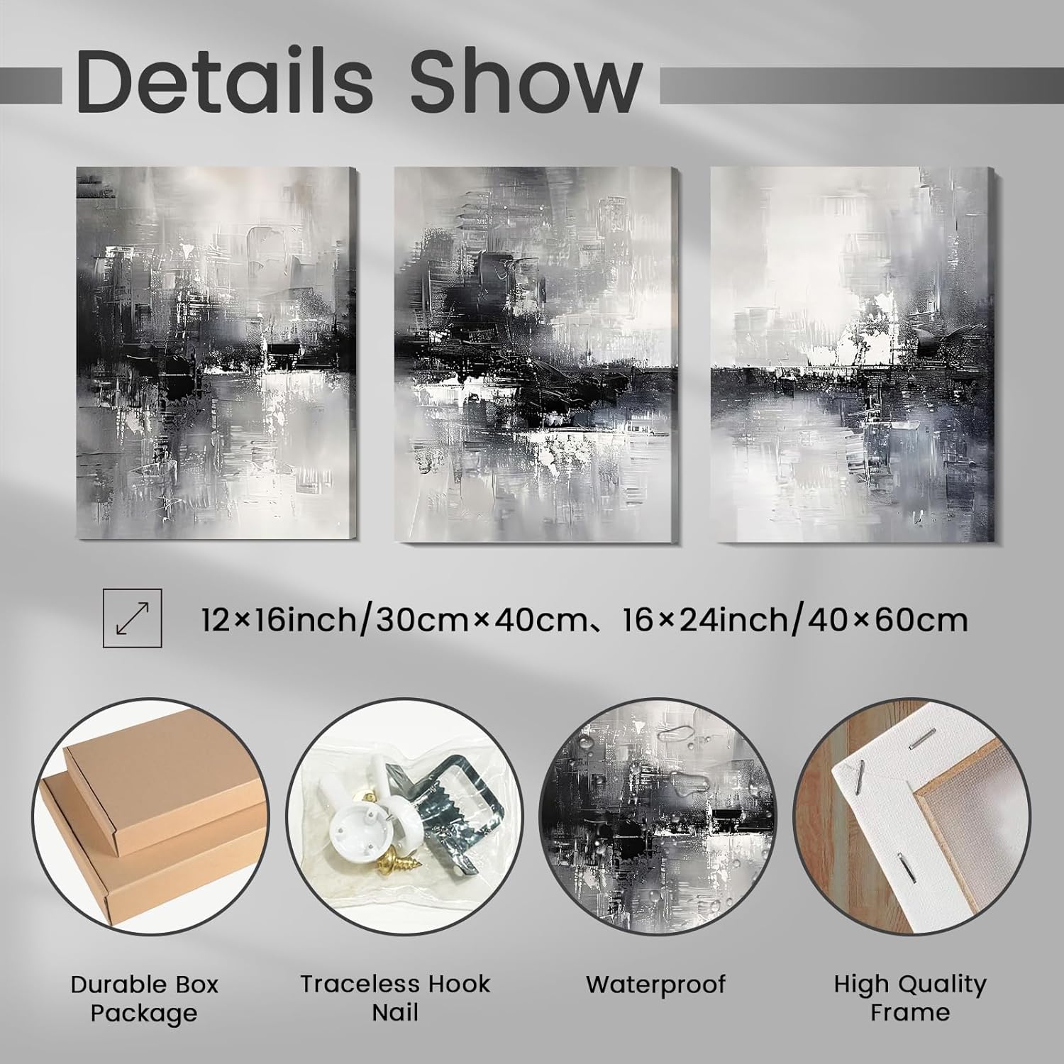 Dytila 3 Piece Large Black And White Abstract Canvas Wall Art for Living Room, Black And Grey Wall Decor, Modern Minimalist Art Print Pictures, Home Artwork - Dining Room Office Framed 12x16 Inch