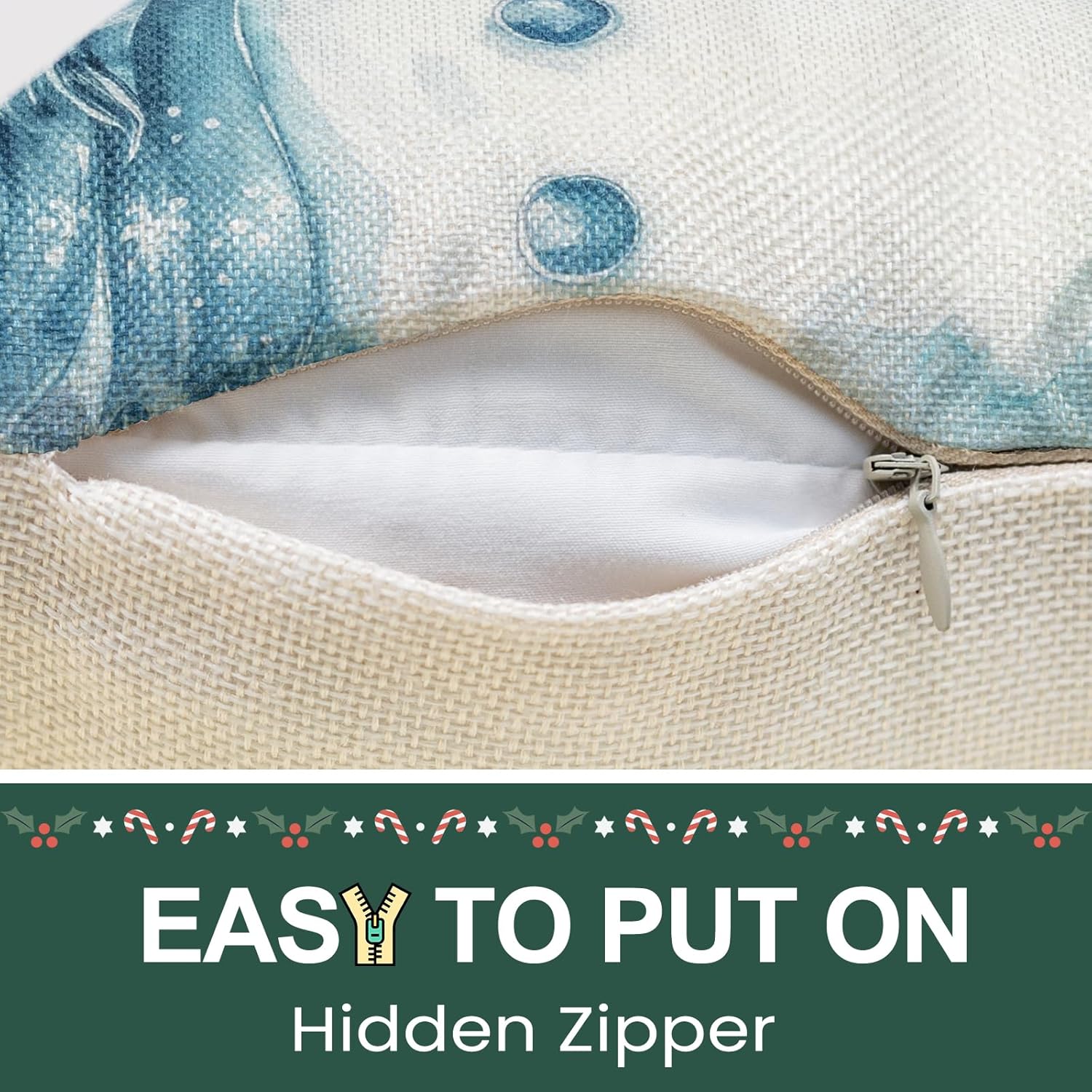 Christmas Throw Pillow Covers 16x16 Set of 4,Merry Christmas Tree Reindeer Sleigh Snowman Blue and White Xmas Winter Holiday Decorative Pillowcase Farmhouse Home Decor for Sofa Couch Cushion - Image 8