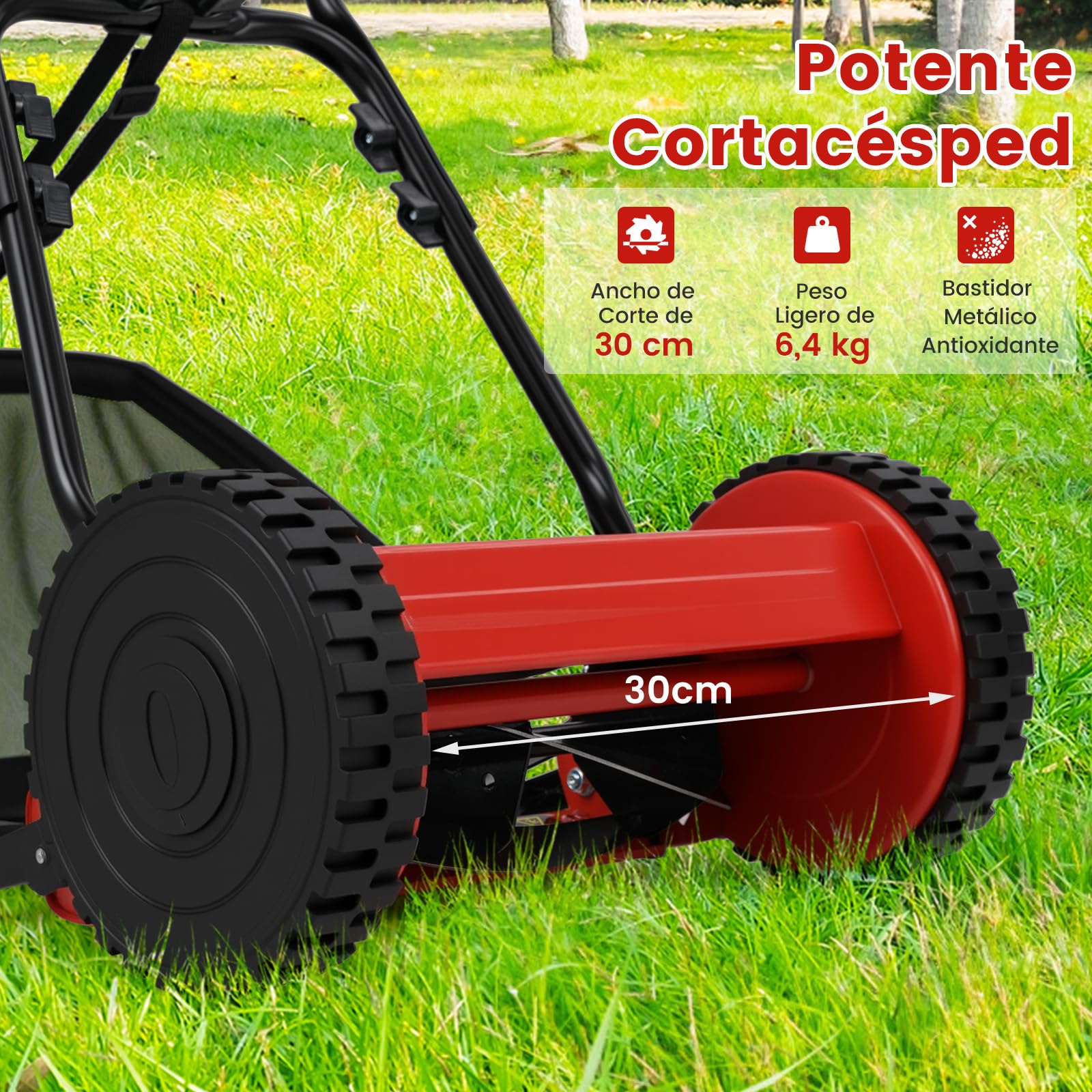 GOPLUS Cortacésped Manual con Bolsa de Recogida de 18,5L, Cuchilla Afilada, Altura de Corte Ajustable, Mango en Forma de U, Ruedas Grandes, Cortacésped Portátil para Césped, Jardín, Granja