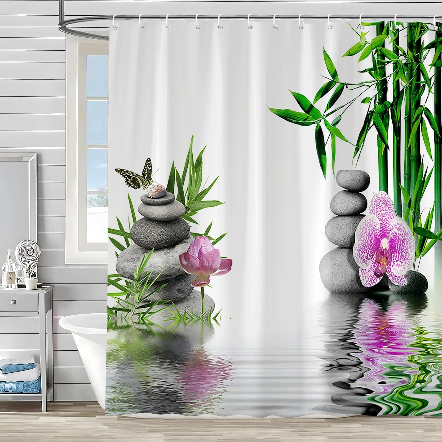 Zen Shower Curtain Green Leaf Floral Purple Flower Butterfly Lotus Black Stone Japanese Garden Relax Meditate Spring Nature Theme Rustic Polyester Curtains Bathroom Decor Set with Hooks 70Wx90H Inch