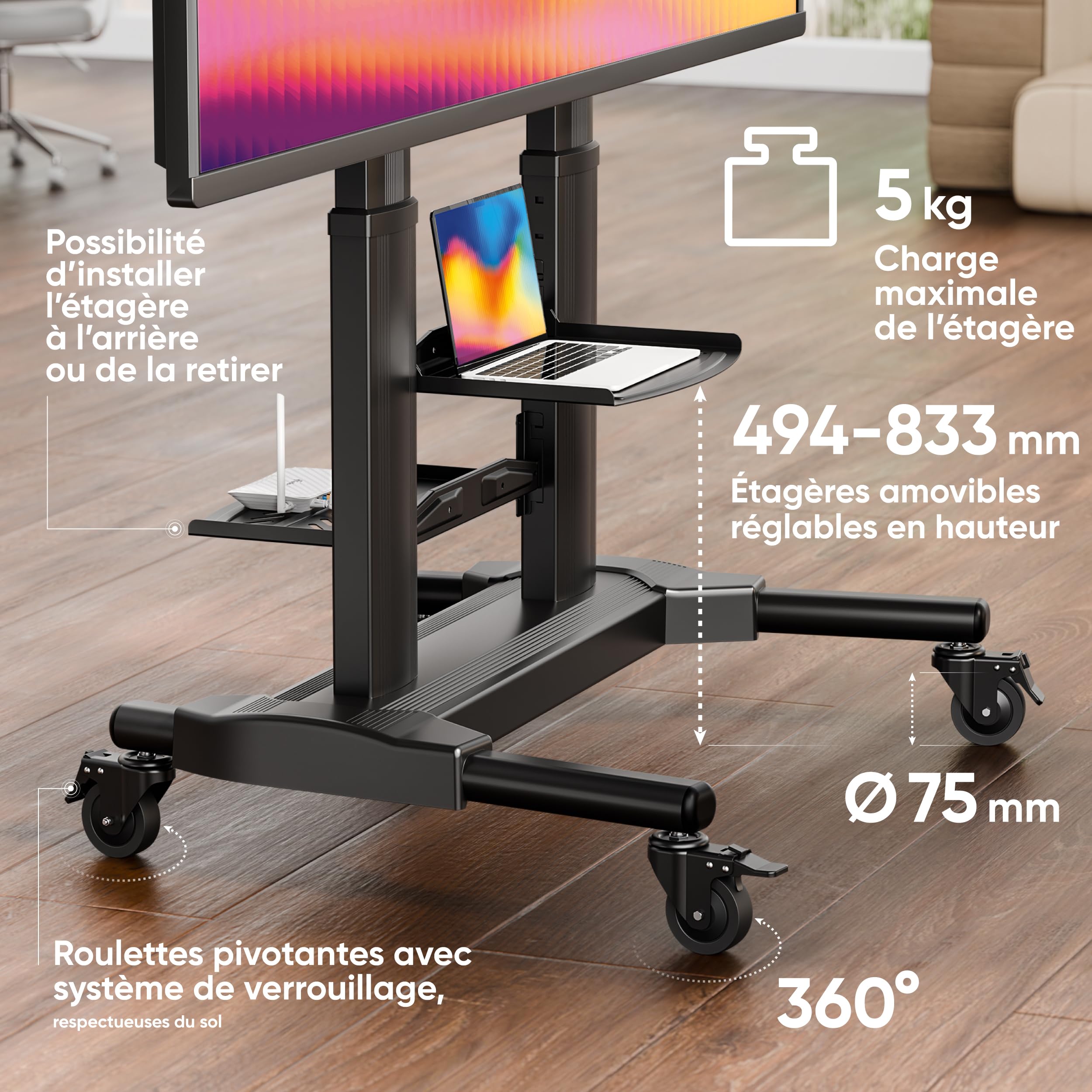 ONKRON Support TV roulettes 40" - 80", 55,5 kg, Max VESA 700x400, TS2771-B