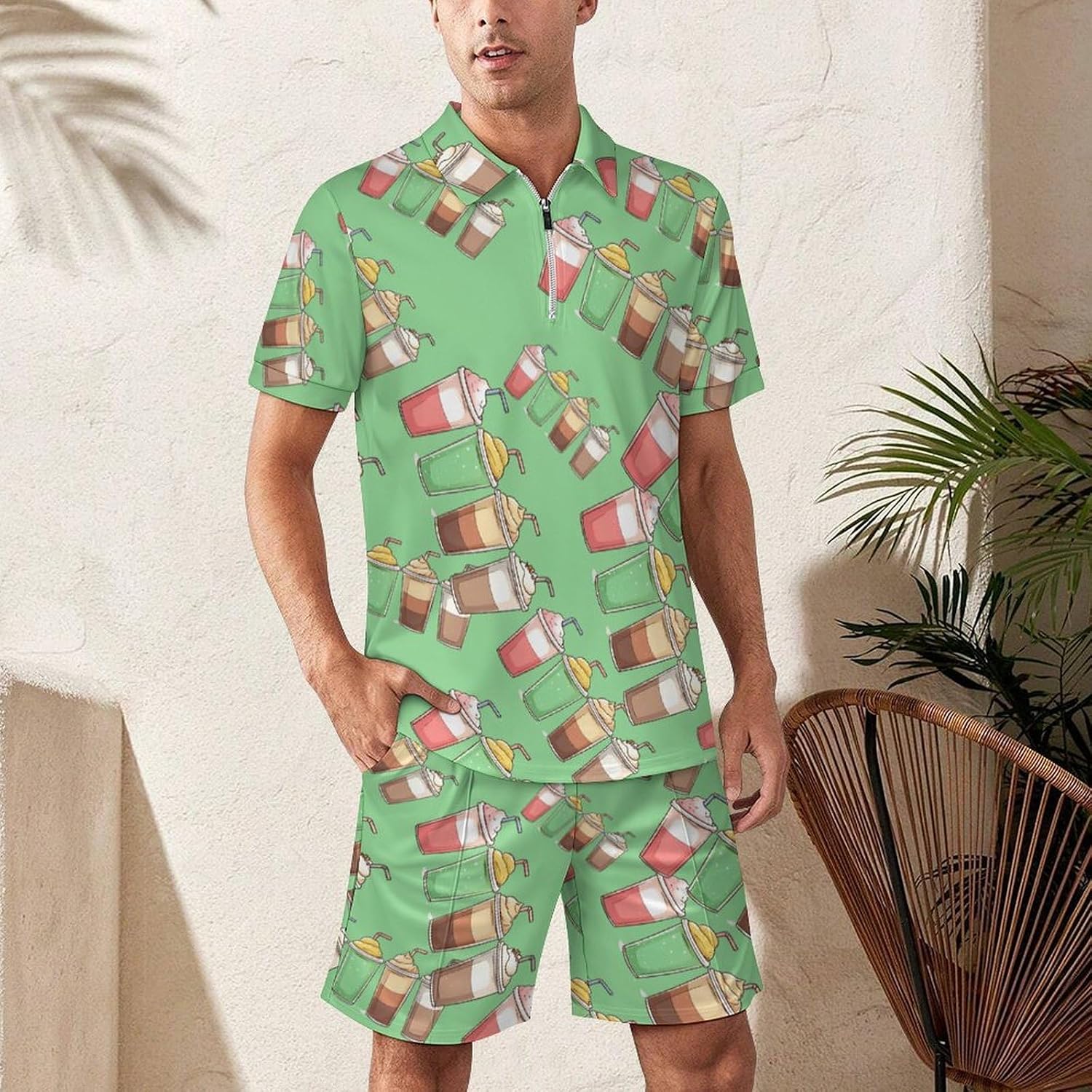 Coffee Drinking Cup Mens Polo Shirts Track Suits 2 Piece Short Sleeve Sweatsuit 1/4 Zip Golf Loungewear for Sports