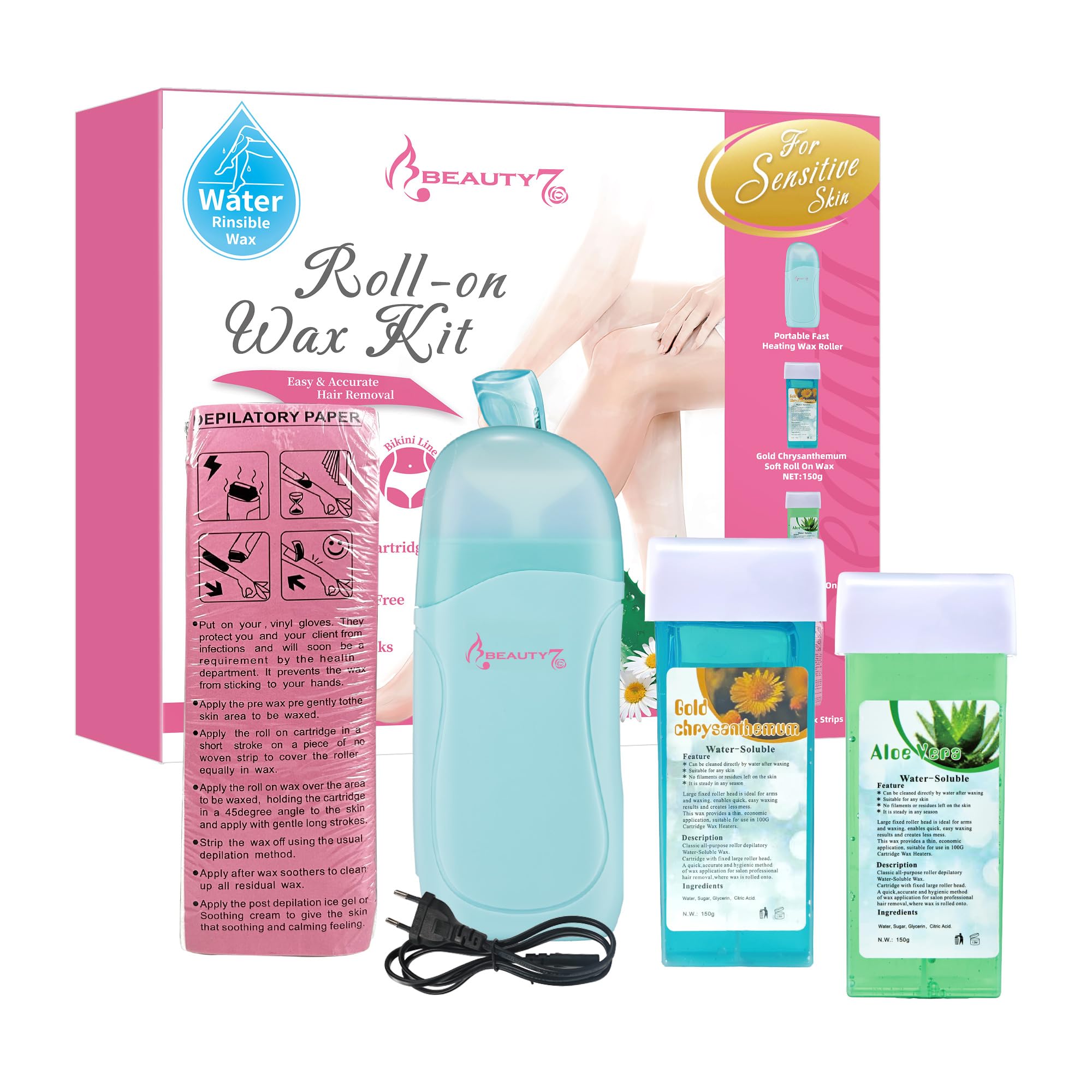 Beauty7 Roll on Wax Kit for Hair Removal, Sugar Waxing Kit, Easy Rolling Portable Warmer with 2pcs Soft Waxing Cartridge(5.3 oz each)100pcs Strips (Wax Kit with Machine)