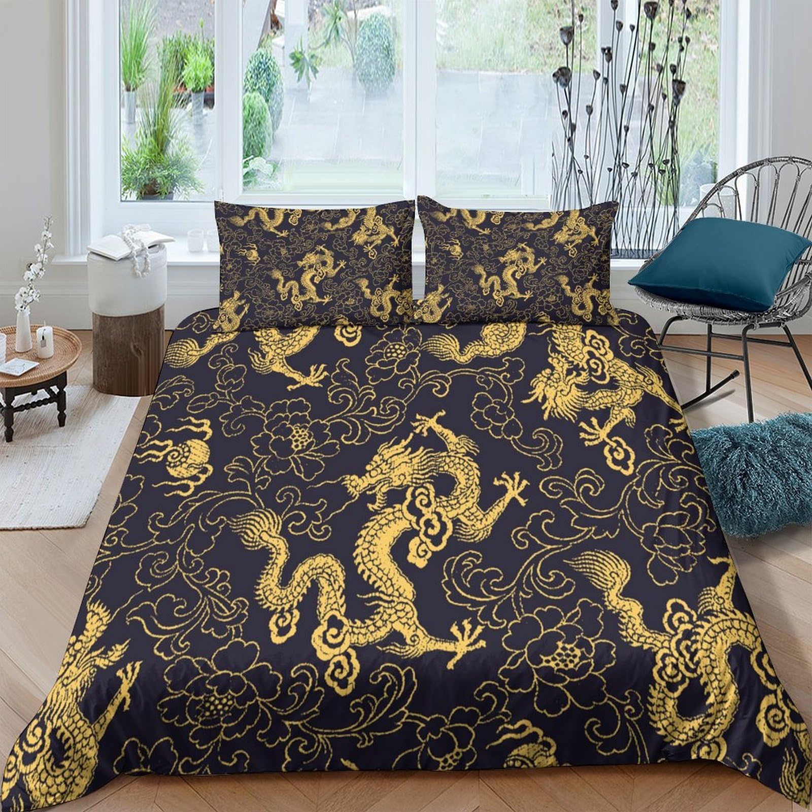 Ctjqhvkz Style-6 3D Printed Golden Dragon Fitted Sheet Microfiber Soft Asian Black Bed Cover For Bedroom Guest Room Decor Single（135X200cm）