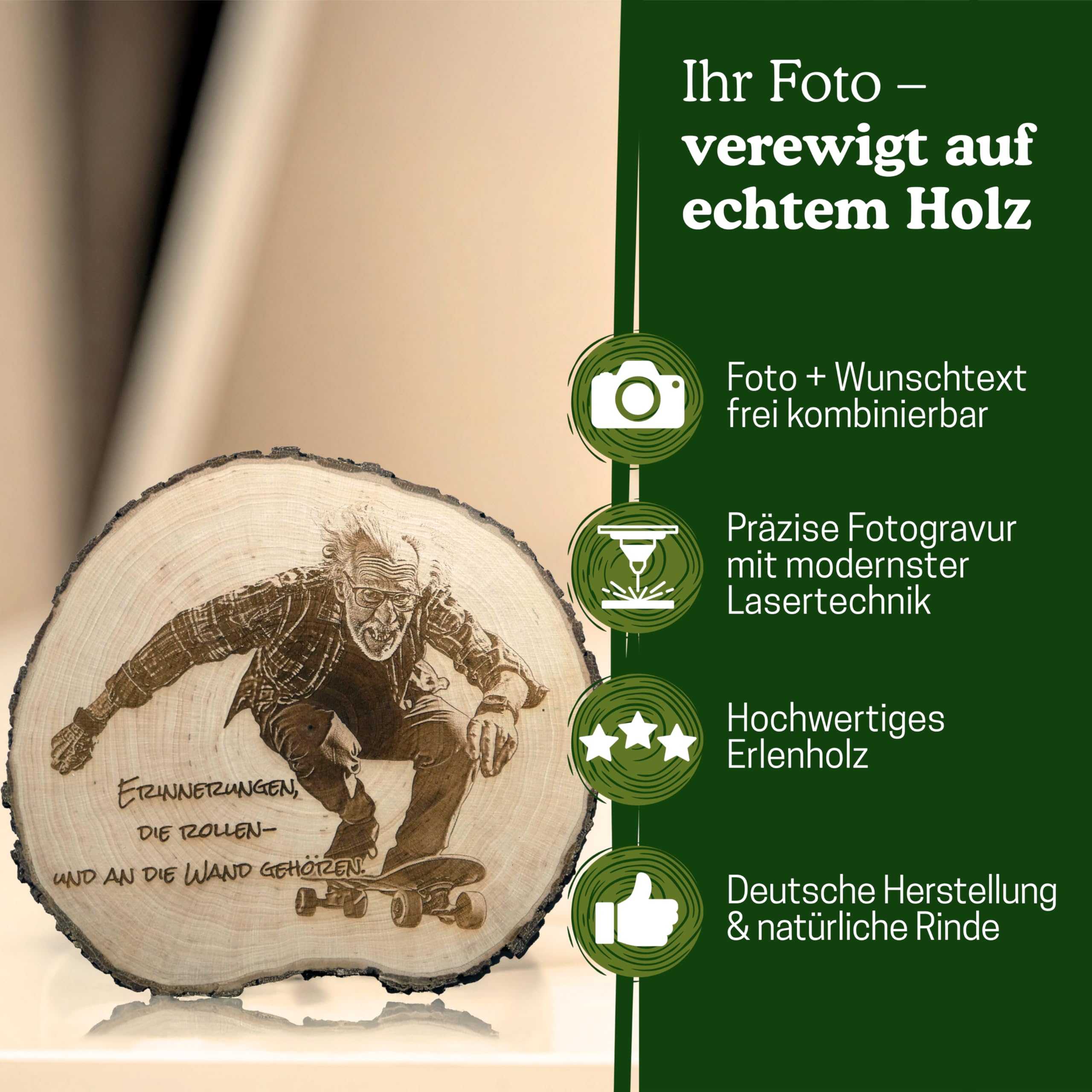 personalisierte Baumscheibe mit Gravur & Foto, personalisierte Geschenke zum Hochzeitstag, Jahrestag, Hochzeit, Jubiläum oder Geburtstagsgeschenk, individuelle Fotogeschenke aus massivem Holz