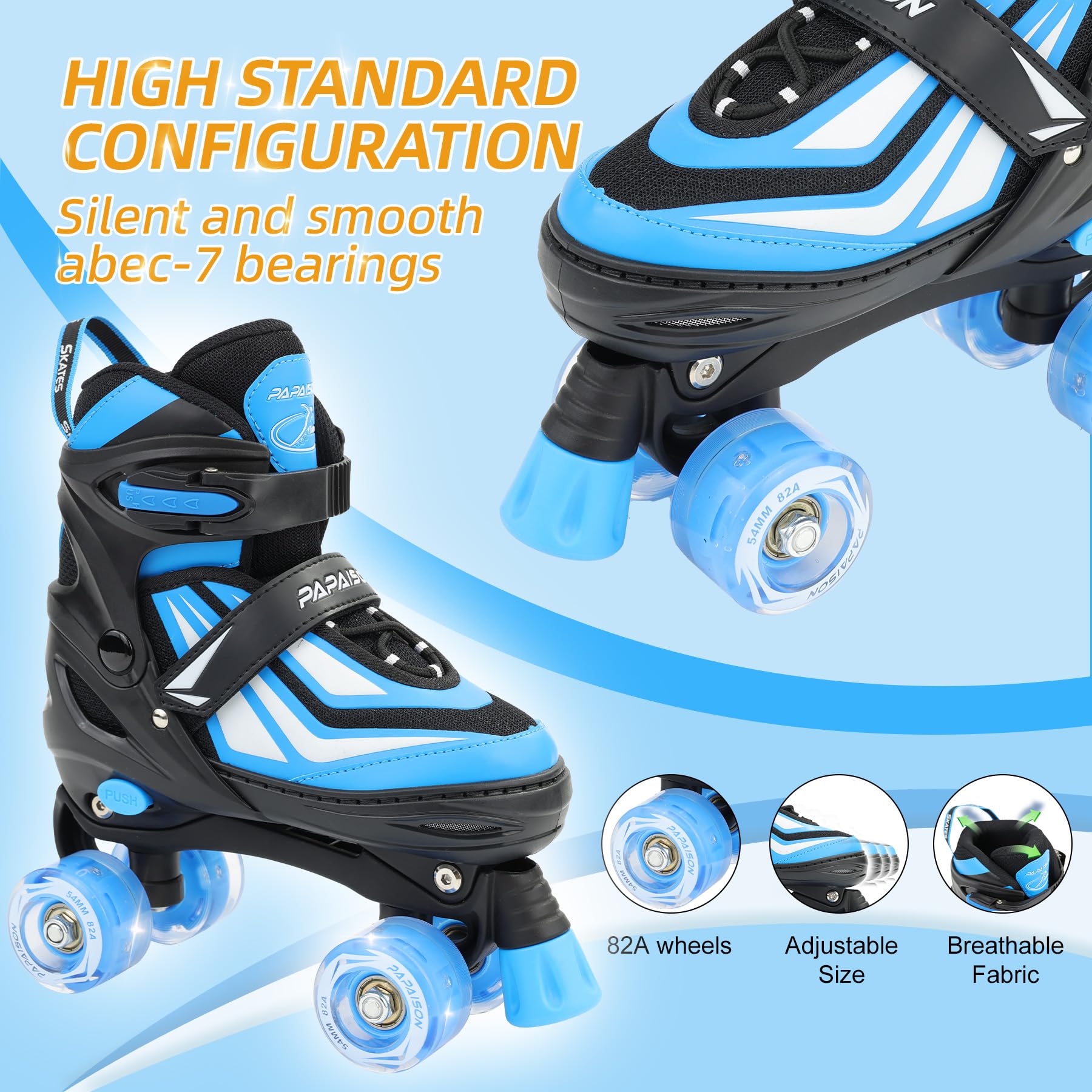 PAPAISON Kids Roller Skates for Boys Girls, 4 Size Adjustable Rollerskates with Light Up Wheels for Kids Ages 4-12