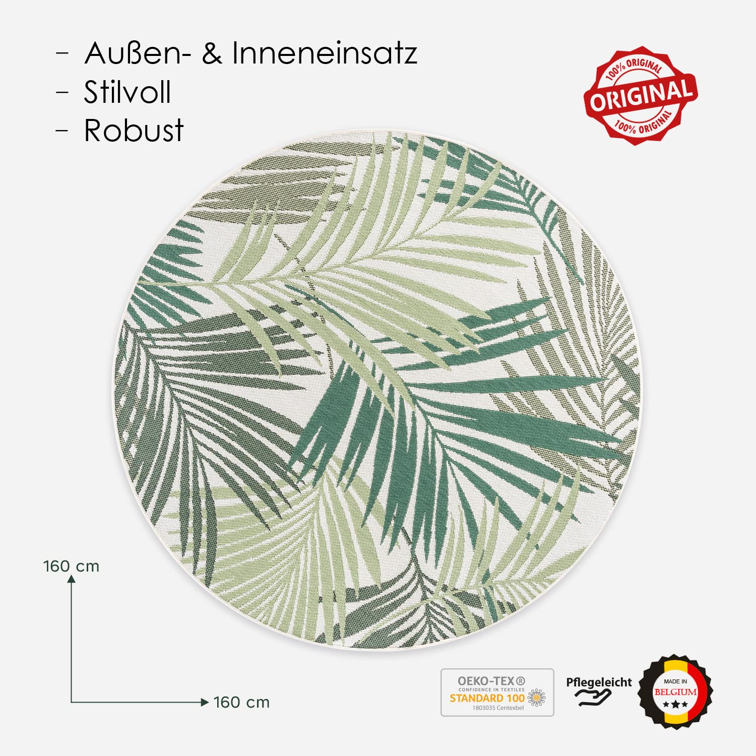DomDeco In- & Outdoor Teppich Rund Dave, aus wetterfester, robuster Kunstfaser in klassischen & modernen Styles, für Terrasse/Balkon oder auch für Innen, Grün in Ø160cm