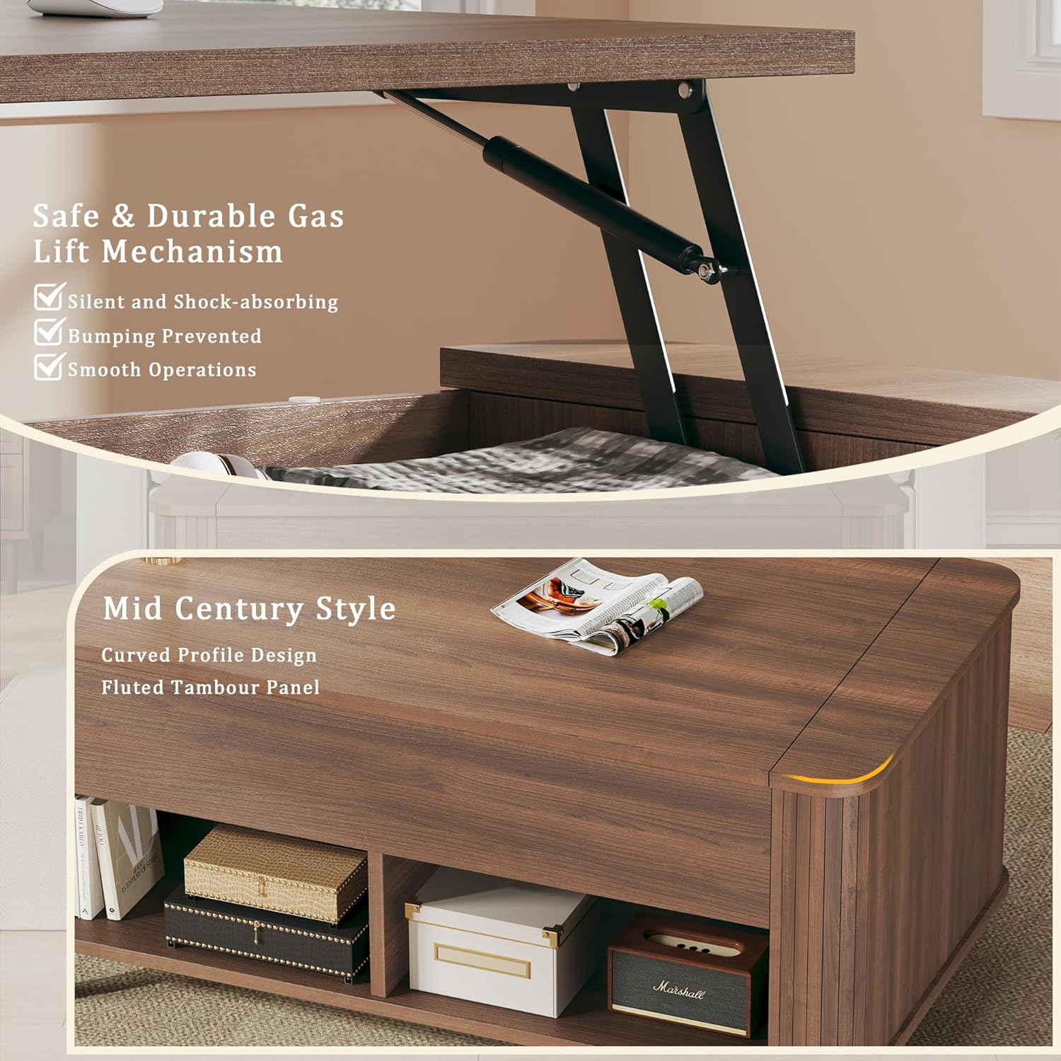 Lift Top Coffee Table with Storage, 41" Mid Century Modern Coffee Table with Fluted & Curved Profile Design, Hidden Storage Compartment, Lower Shelf Center Table for Living Room Office, Walnut