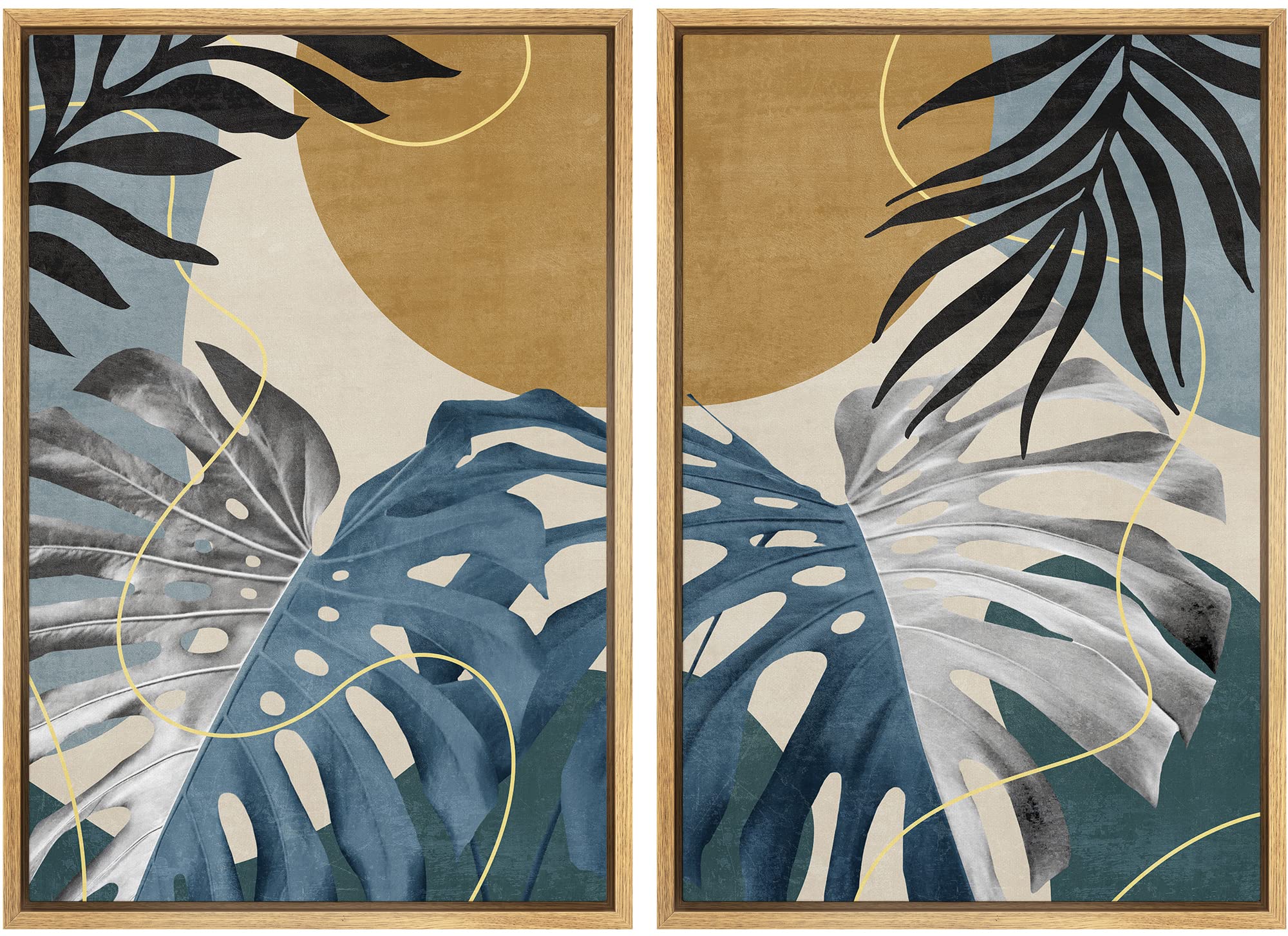 SIGNFORD Framed Canvas Print Wall Art Set Jungle Tropical Monstera Palm Leaf Abstract Shapes Illustration Modern Art Decorative Nordic Nature for