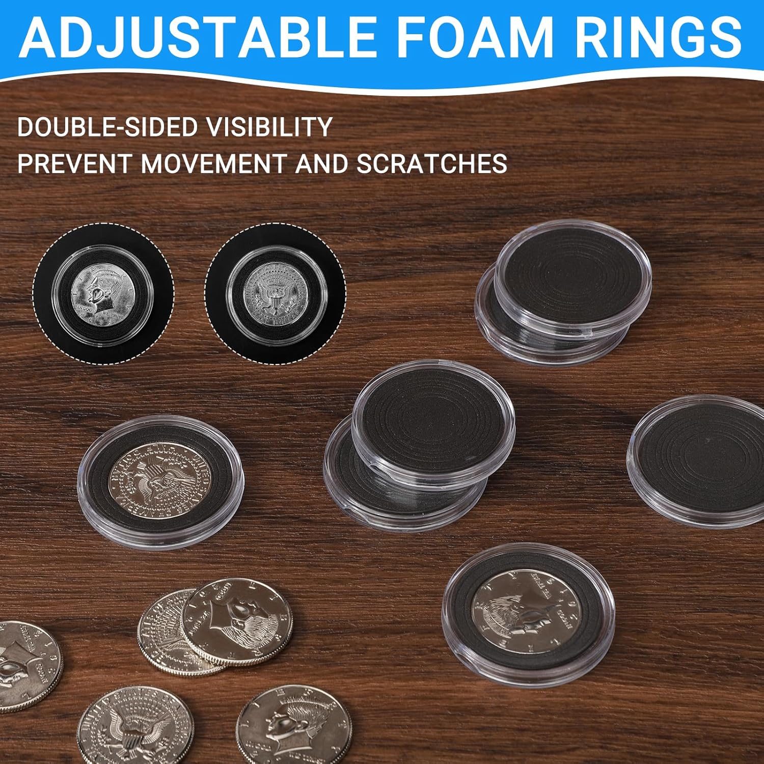 120 Pack 41mm Coin Capsules Set, Coin Holders for Collectors with 8 Sizes Adjustable Foam Gaskets and 2 Plastic Storage Boxes Organizer