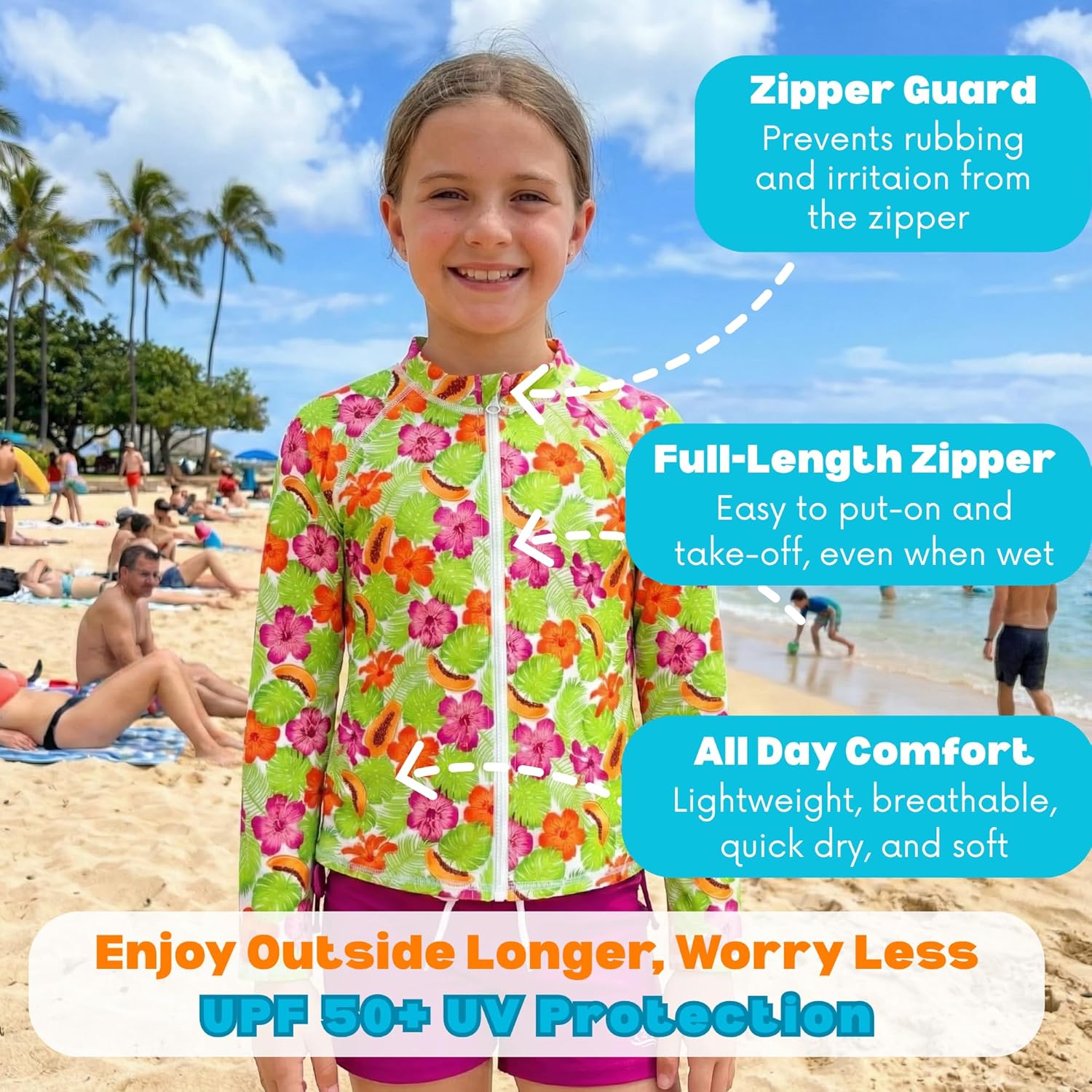 SwimZip Girls' 3 Pc Swim Set w/Long Sleeve Rash Guard, Tankini & Shorts UPF 50+ - Image 4