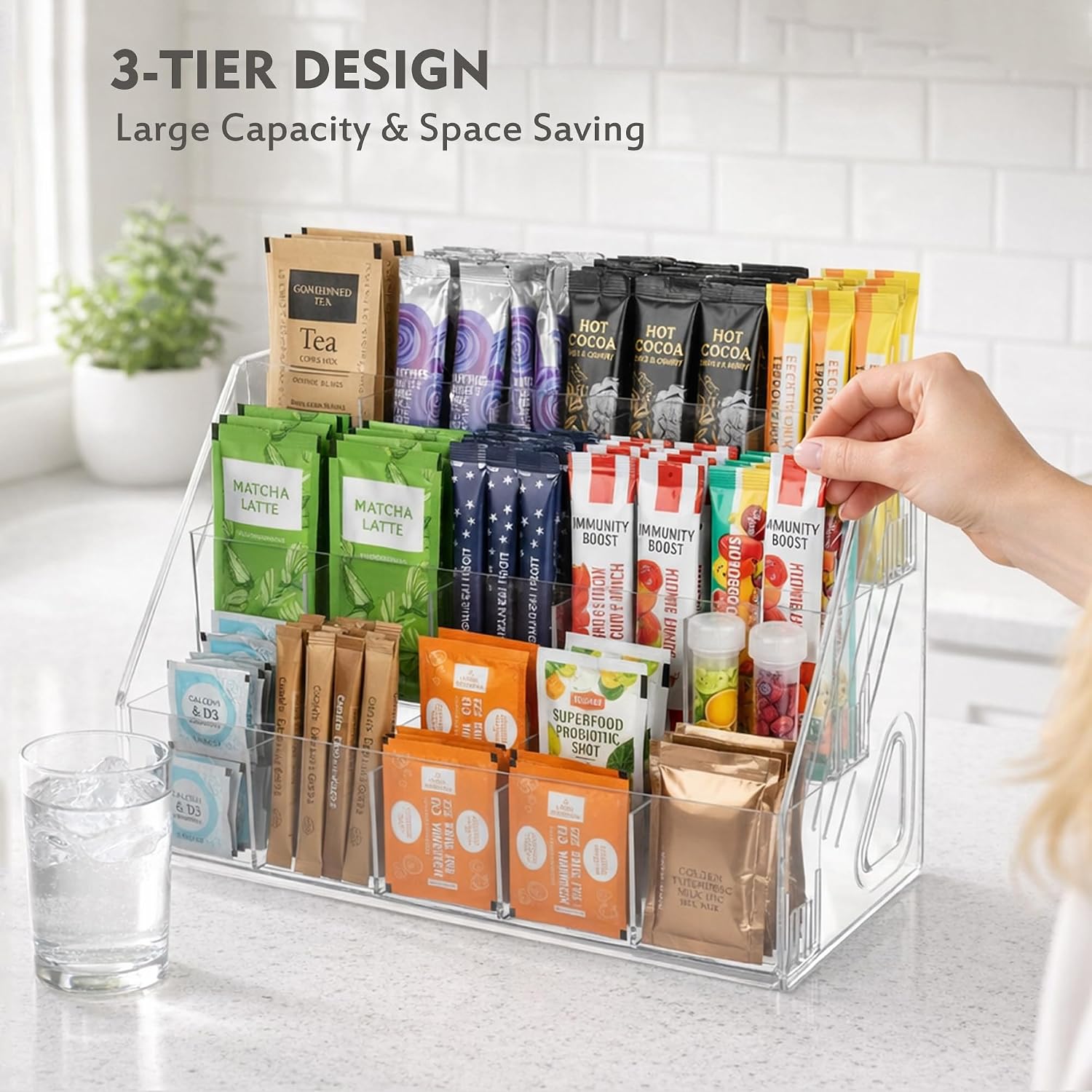 Drink Packet Organizer, 3-Tier Water Flavor Packet Holder with 15 Slots