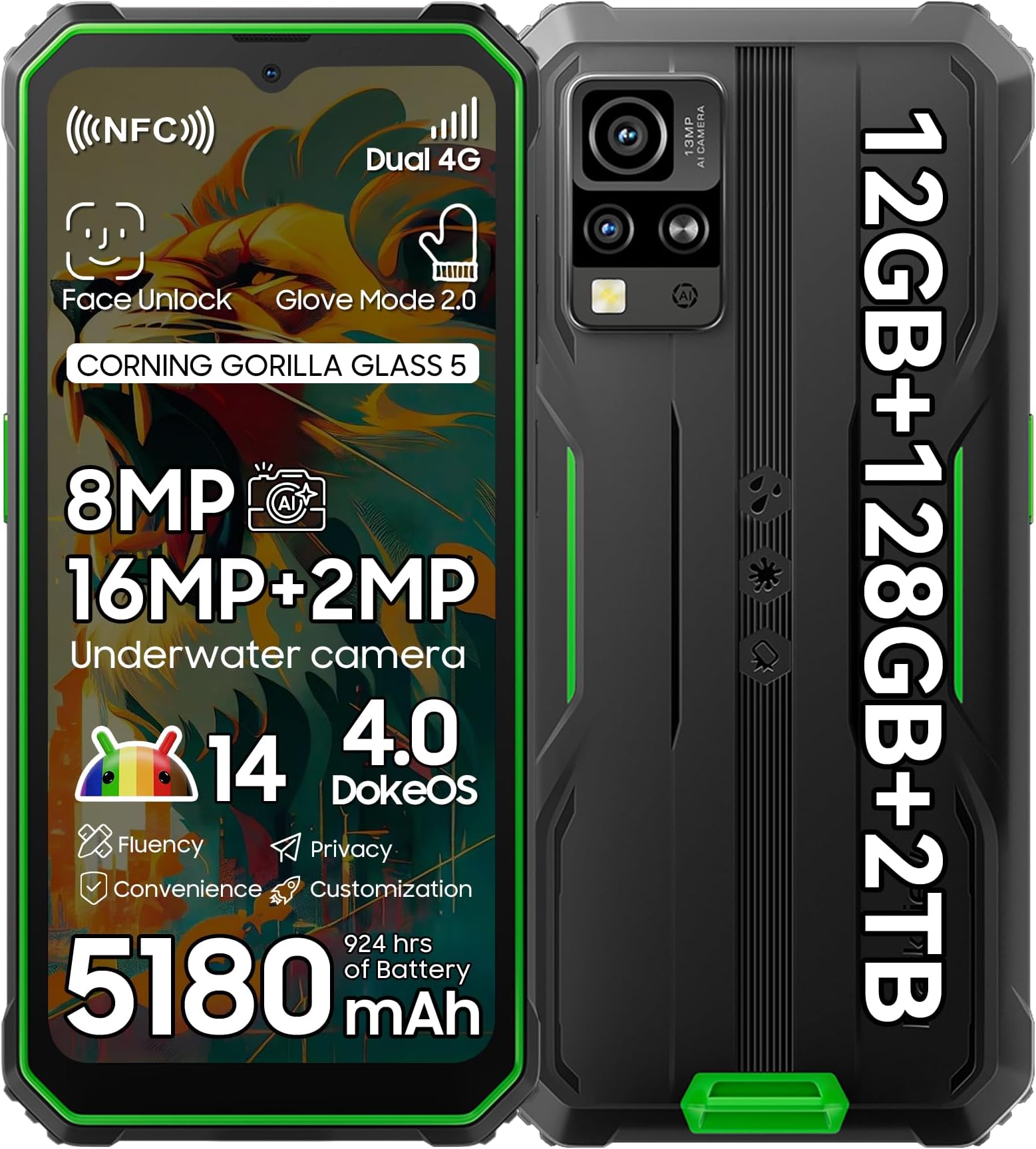 Blackview Rugged Smartphone Android 14, BV4800Pro 12GB+128GB/1TB Expand, 6.56 HD+ Mobile Phones, 8MP+16MP Waterproof Phone, 5180mAh, 4G Dual SIM, NFC/Face Fingerprint Unlocked/Glove Mode - Green