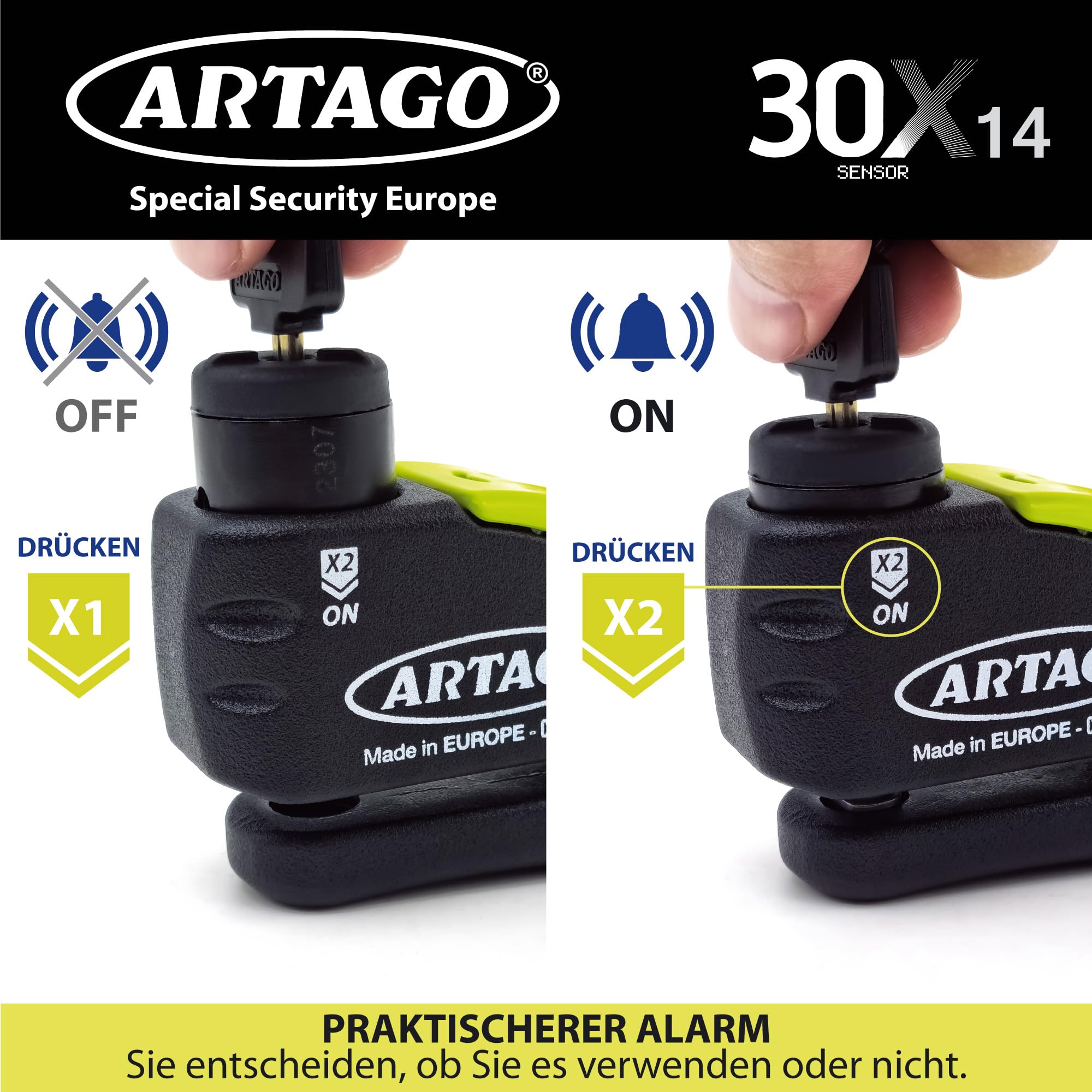 Artago 30X14 Motorradschloss Bremsscheibenschloss Alarm Don't Touch 120 dB hochwertig, ø14 Doppelverriegelung, Sold Secure Gold SRA homologiert, Bunker Selection, Schwarz/Gelb, 14 mm