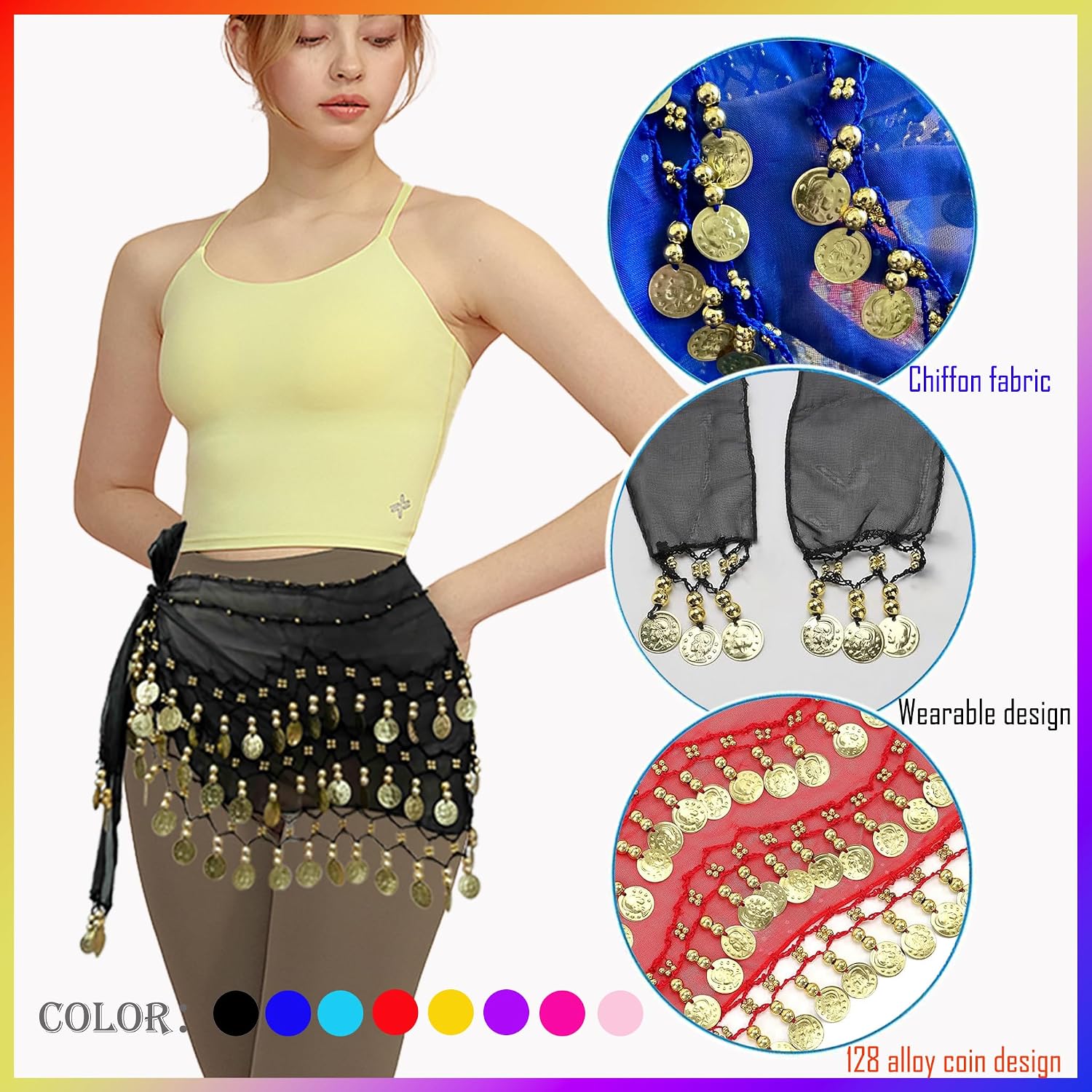 16 Pcs Belly Dance Hip Scarf with Gold Coins Lightweight and Durable Chiffon Belly Dance Skirt - Perfect for Belly Dancing 8 Colors